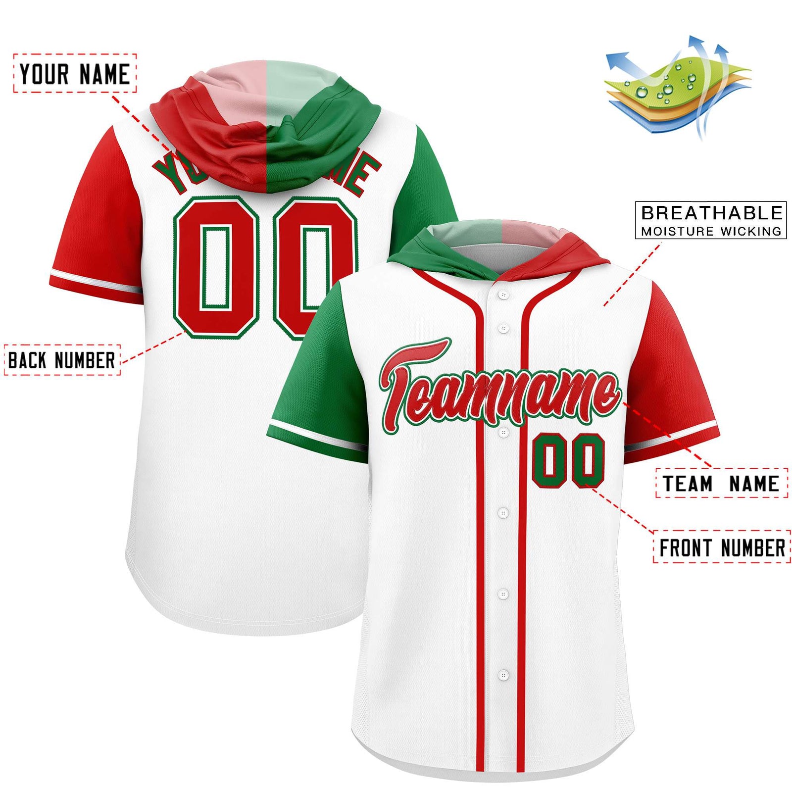 Custom White Kelly Green and Red Split Fashion Raglan Sleeves Authentic Baseball Hoodie Jersey
