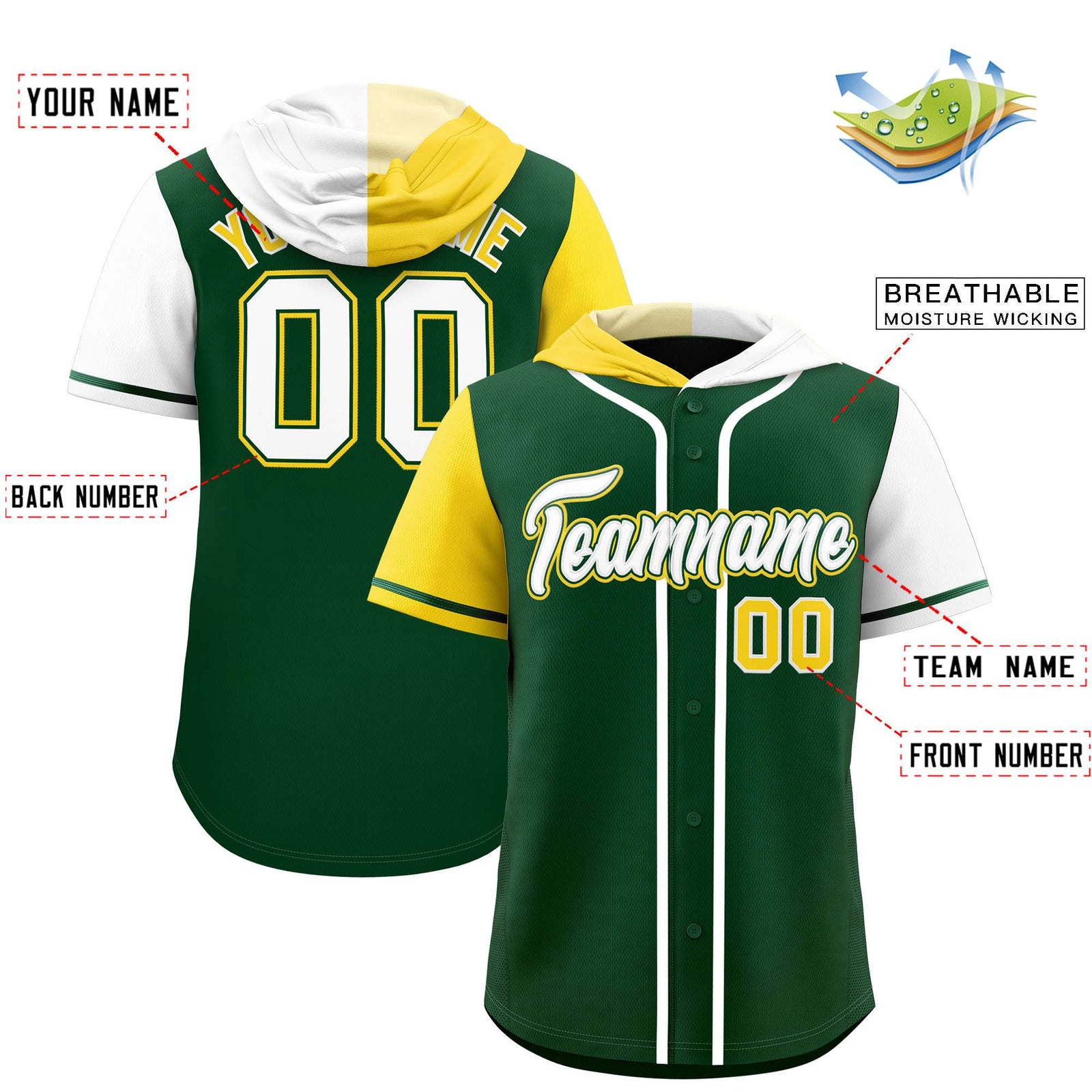 Custom Green Gold and White Split Fashion Raglan Sleeves Authentic Baseball Hoodie Jersey