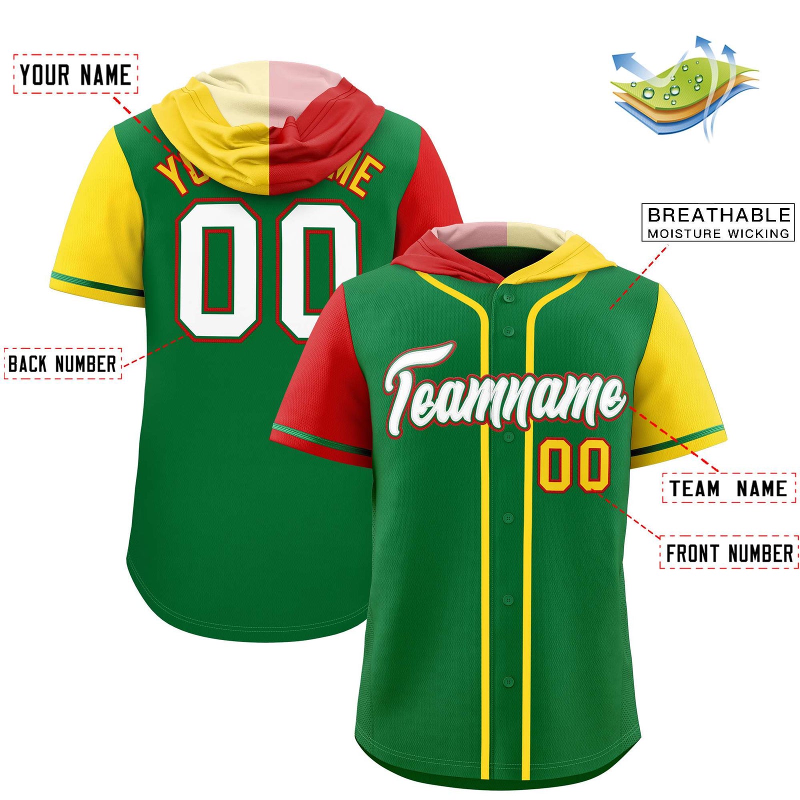 Custom Kelly Green Red and Gold Split Fashion Raglan Sleeves Authentic Baseball Hoodie Jersey
