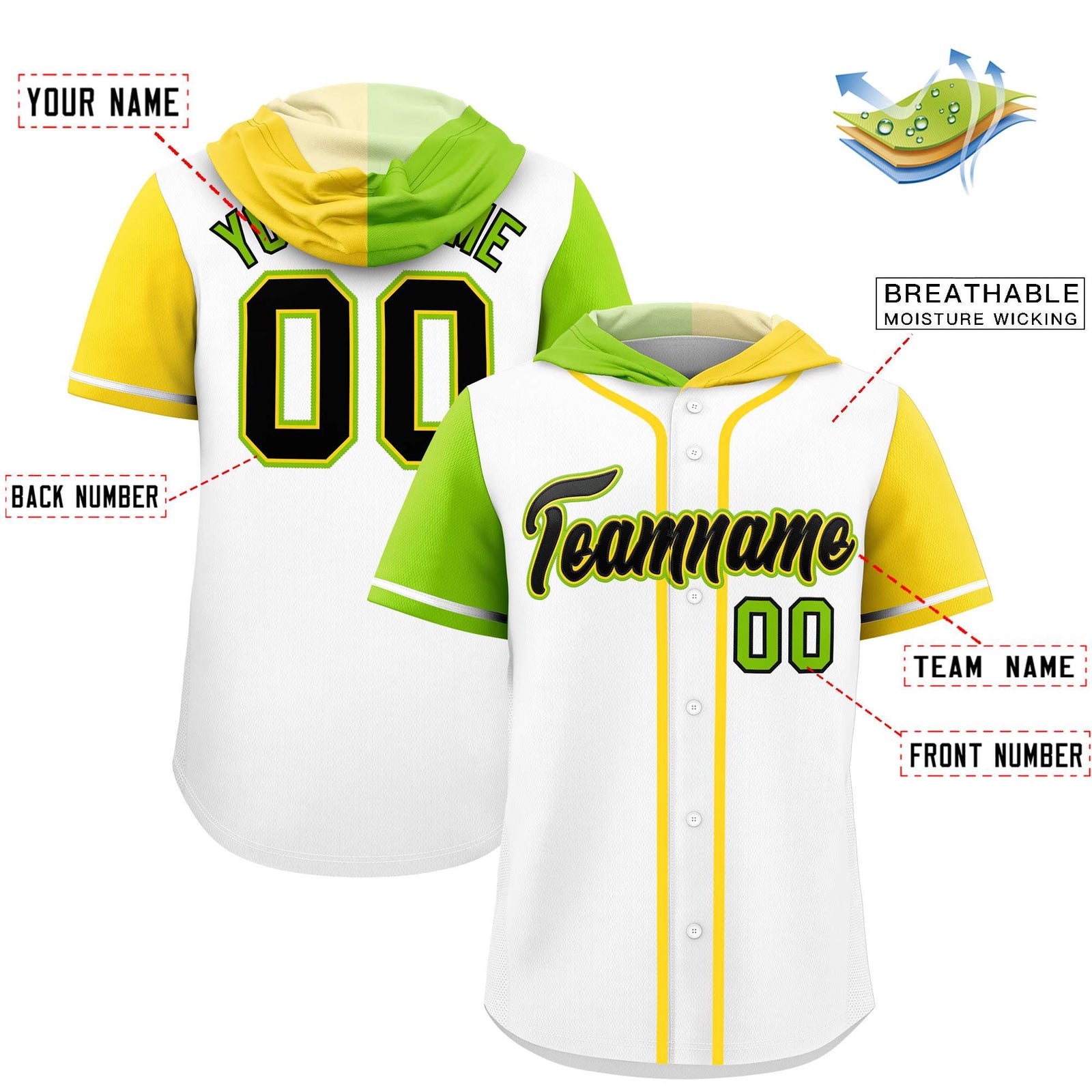 Custom White Neon Green and Gold Split Fashion Raglan Sleeves Authentic Baseball Hoodie Jersey