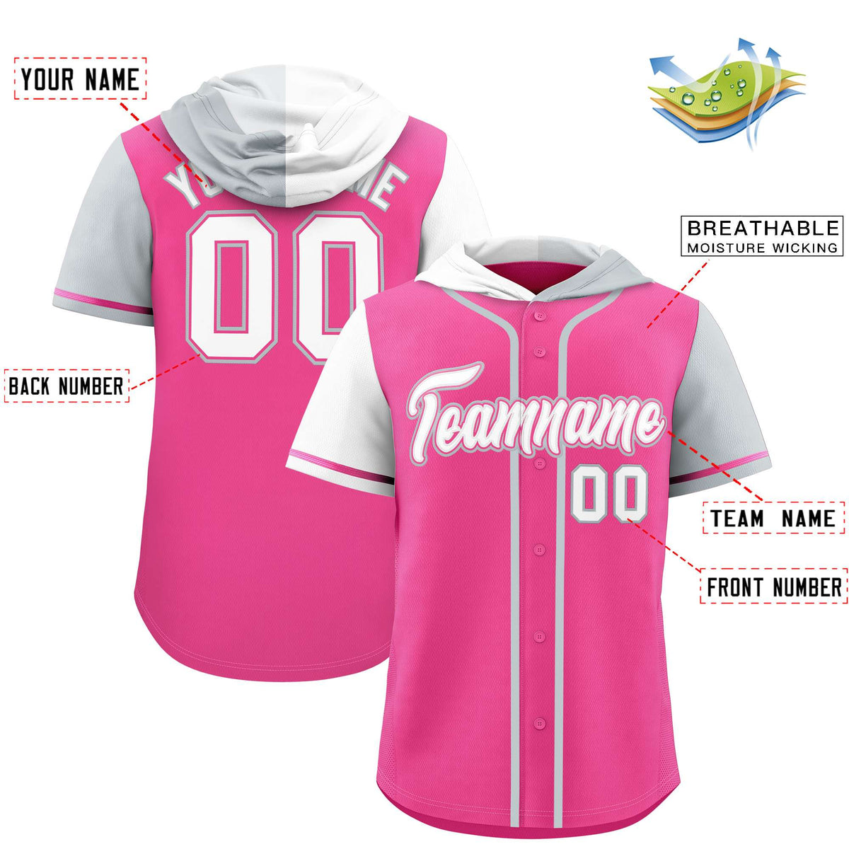 Custom Pink White and Silver Split Fashion Raglan Sleeves Authentic Baseball Hoodie Jersey
