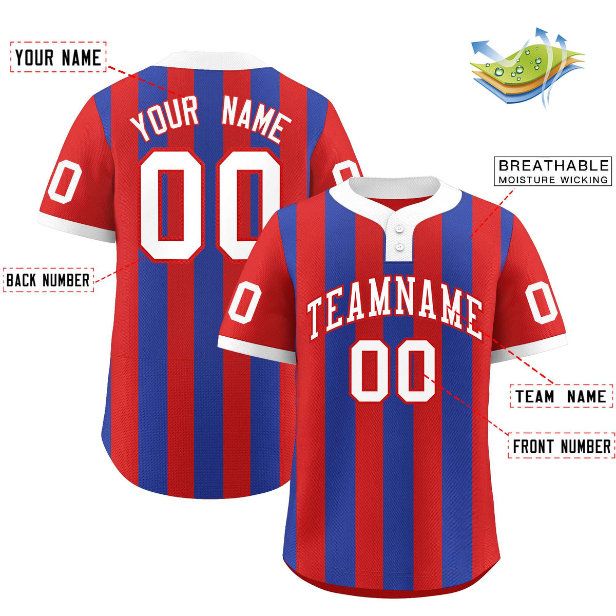 Custom Red Royal Stripe Fashion Authentic Two-Button Baseball Jersey