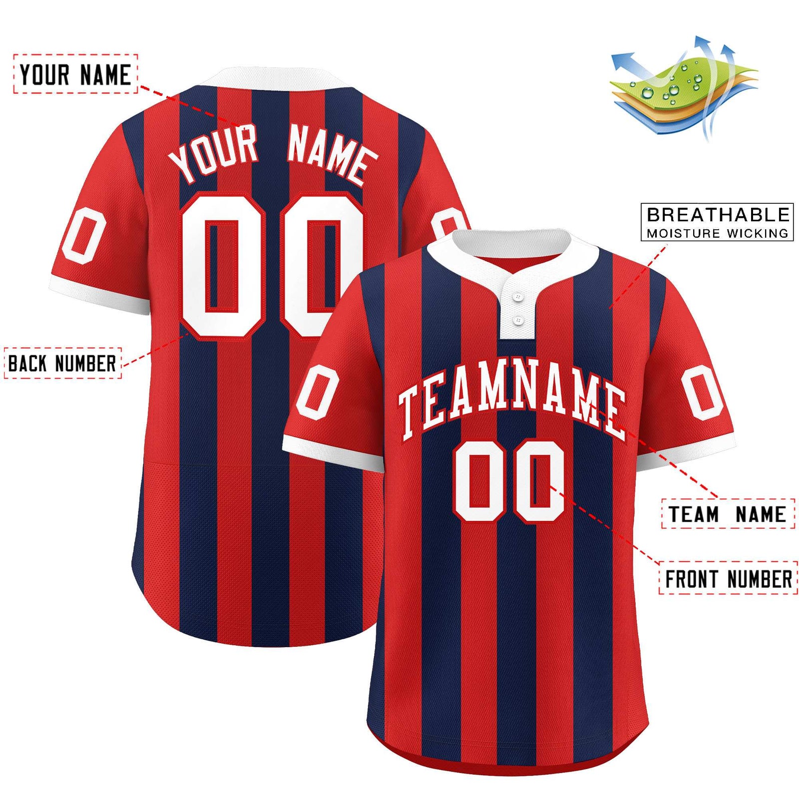 Custom Red Navy Stripe Fashion Authentic Two-Button Baseball Jersey