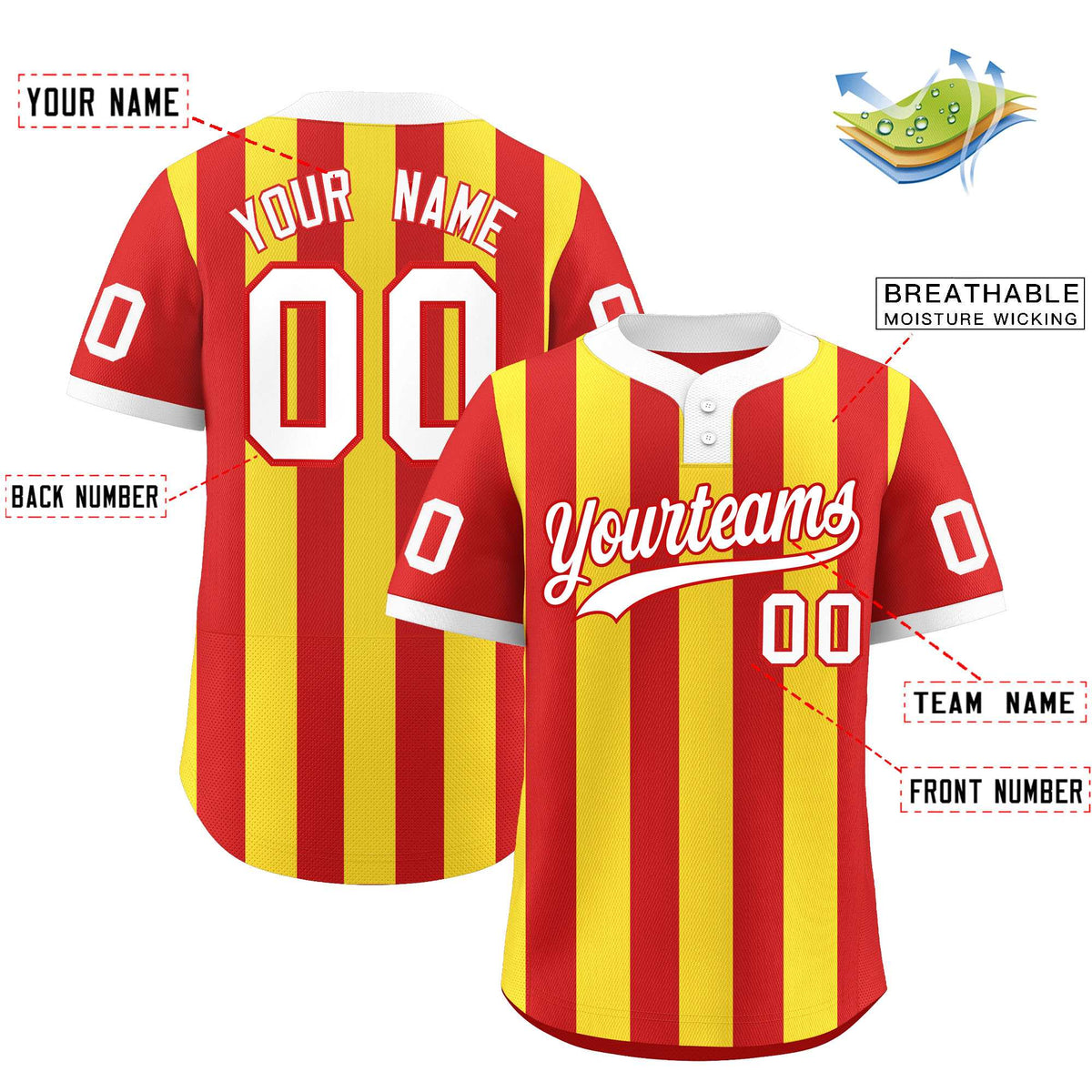 Custom Red Gold Stripe Fashion Authentic Two-Button Baseball Jersey