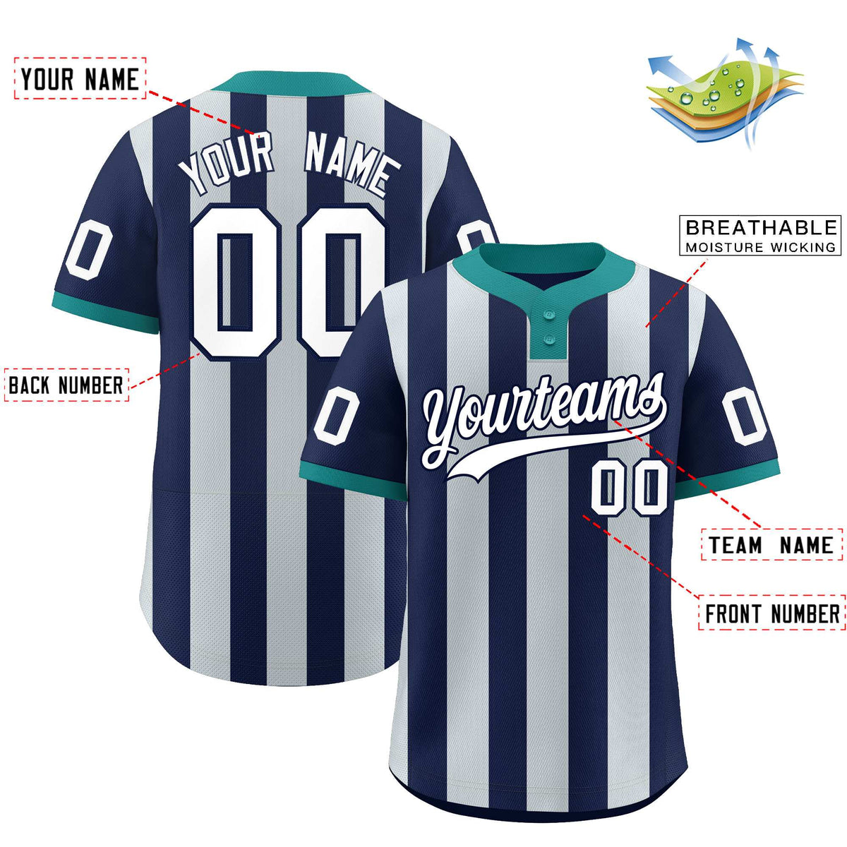 Custom Navy Silver Stripe Fashion Authentic Two-Button Baseball Jersey