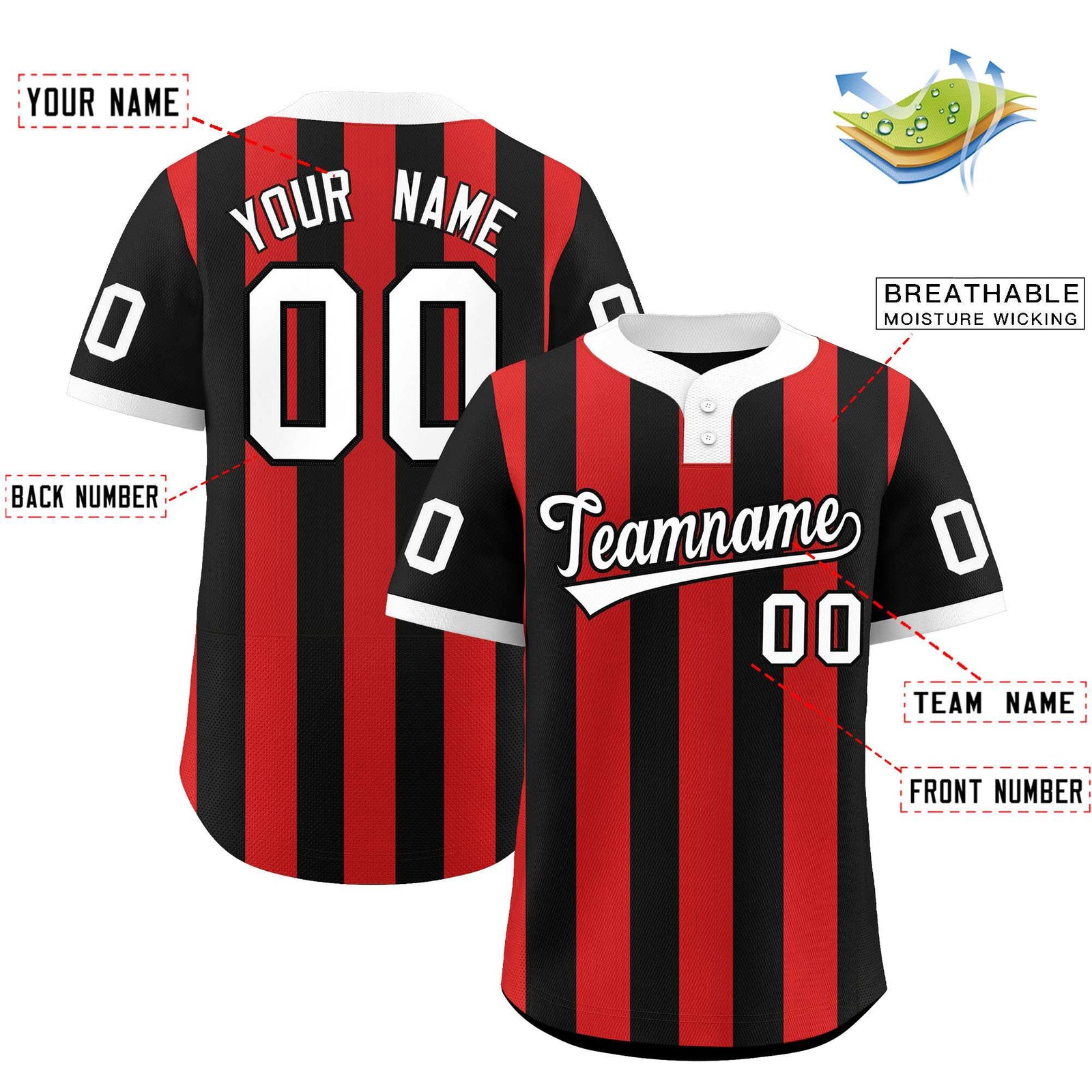 Custom Black Red Stripe Fashion Authentic Two-Button Baseball Jersey