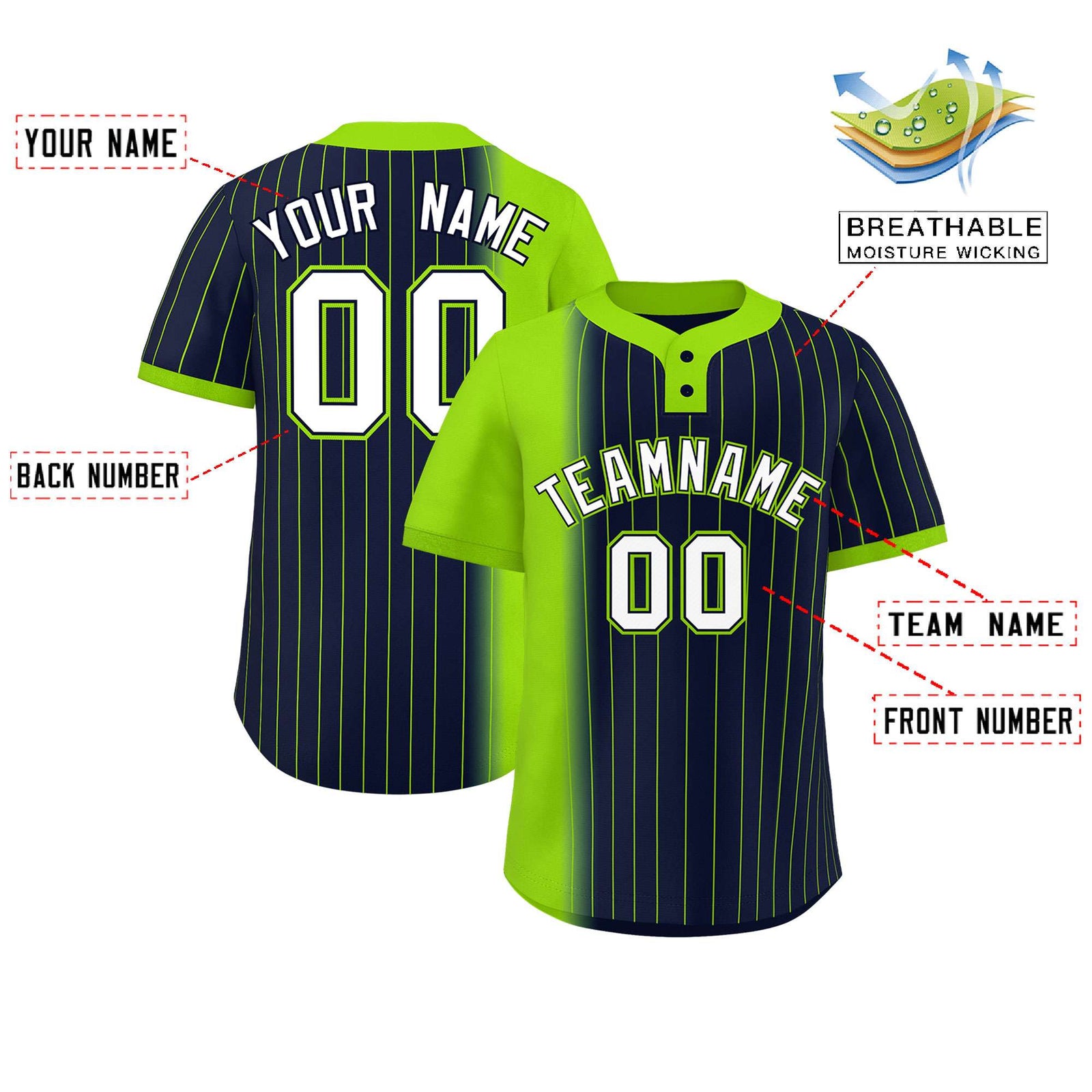 Custom Neon Green Navy Gradient Stripe Fashion Authentic Two-Button Baseball Jersey