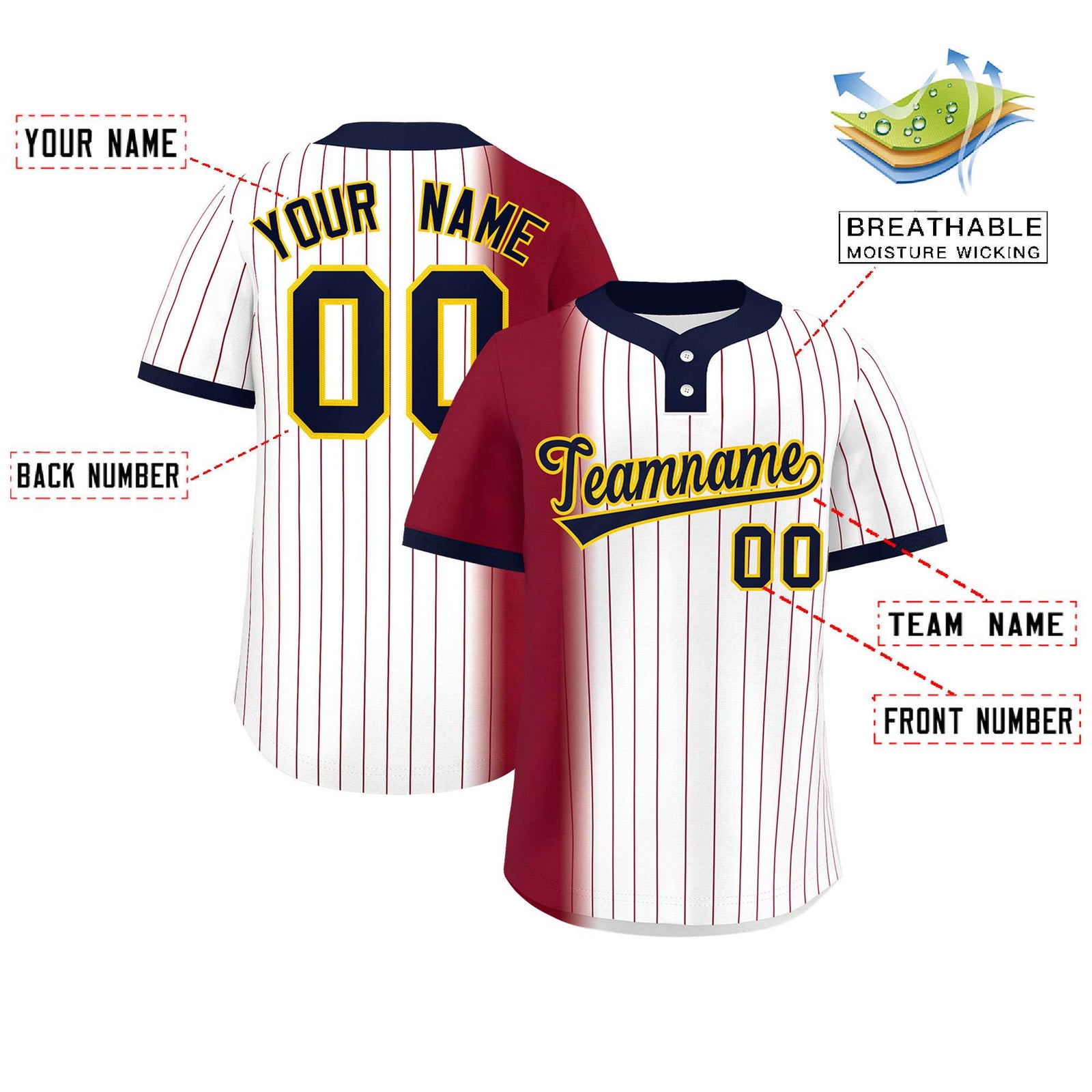Custom Crimson White-Navy Gradient Stripe Fashion Authentic Two-Button Baseball Jersey