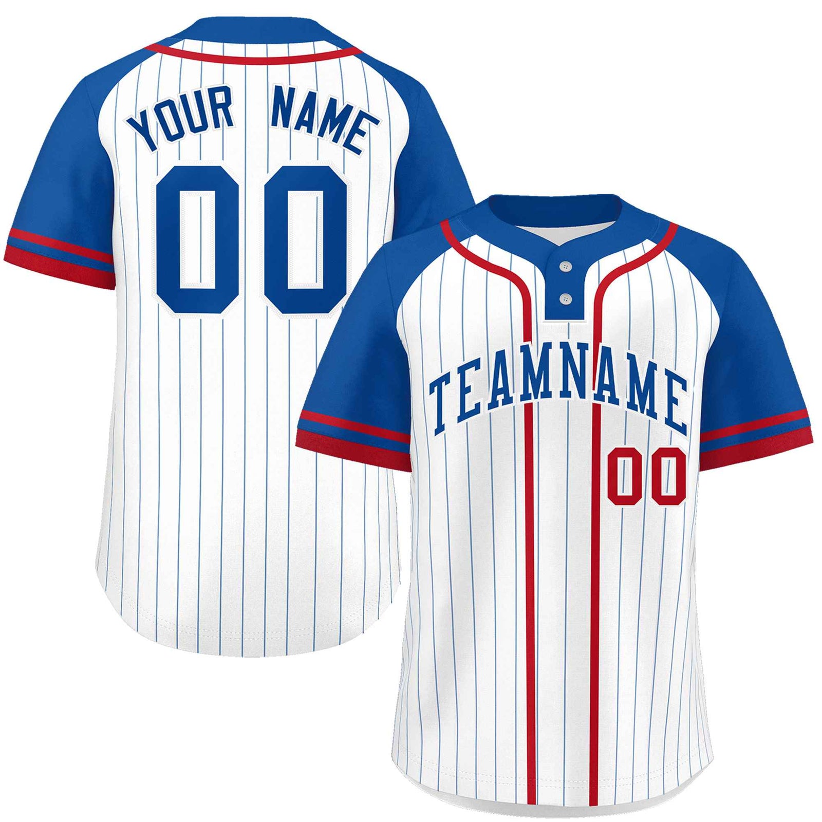 Custom White Royal-Red Stripe Fashion Raglan Sleeves Authentic Two-Button Softball Jersey