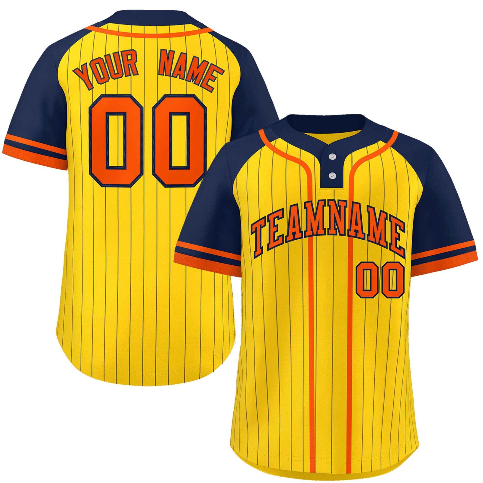 Custom Gold Navy-Orange Stripe Fashion Raglan Sleeves Authentic Two-Button Softball Jersey