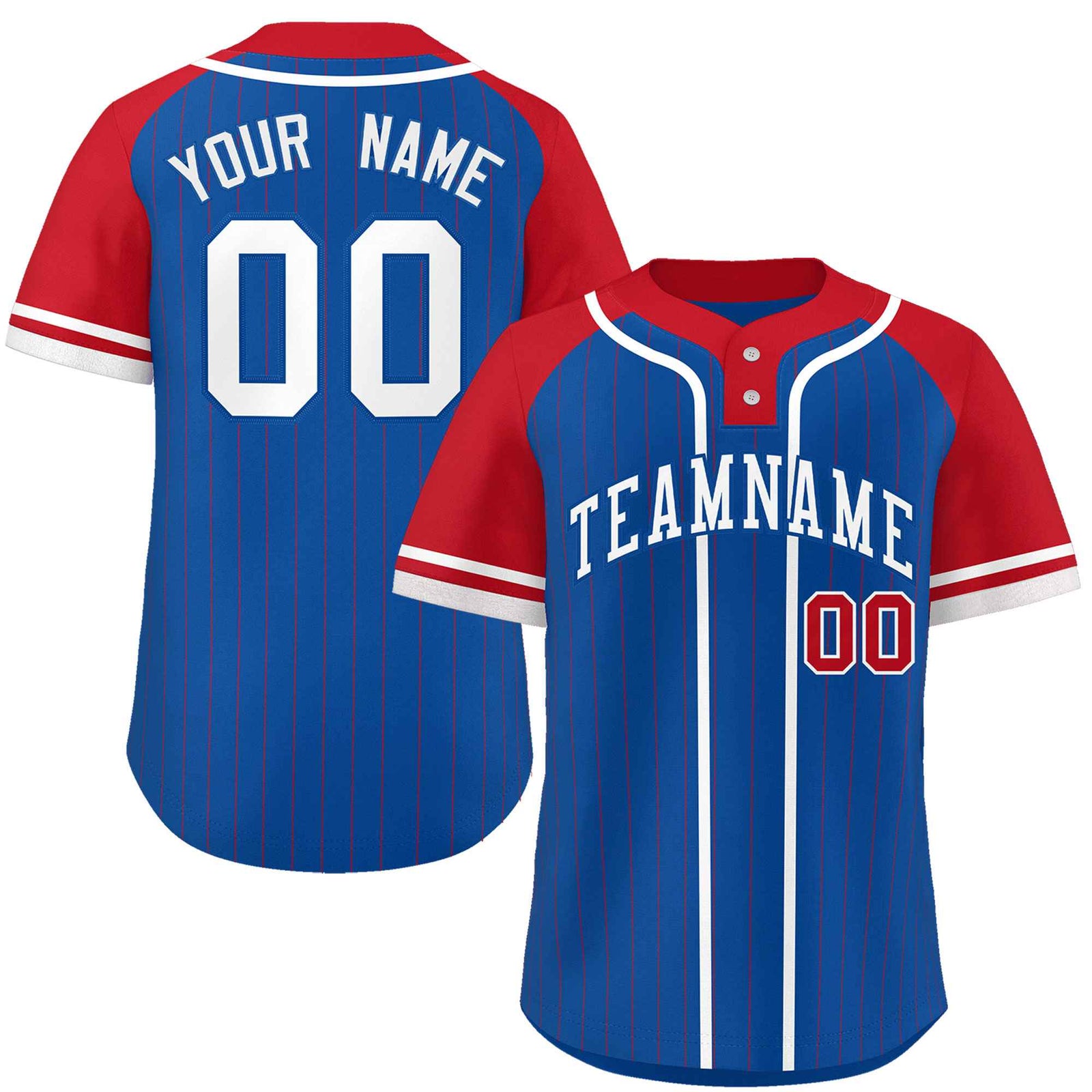 Custom Royal Red-White Stripe Fashion Raglan Sleeves Authentic Two-Button Softball Jersey