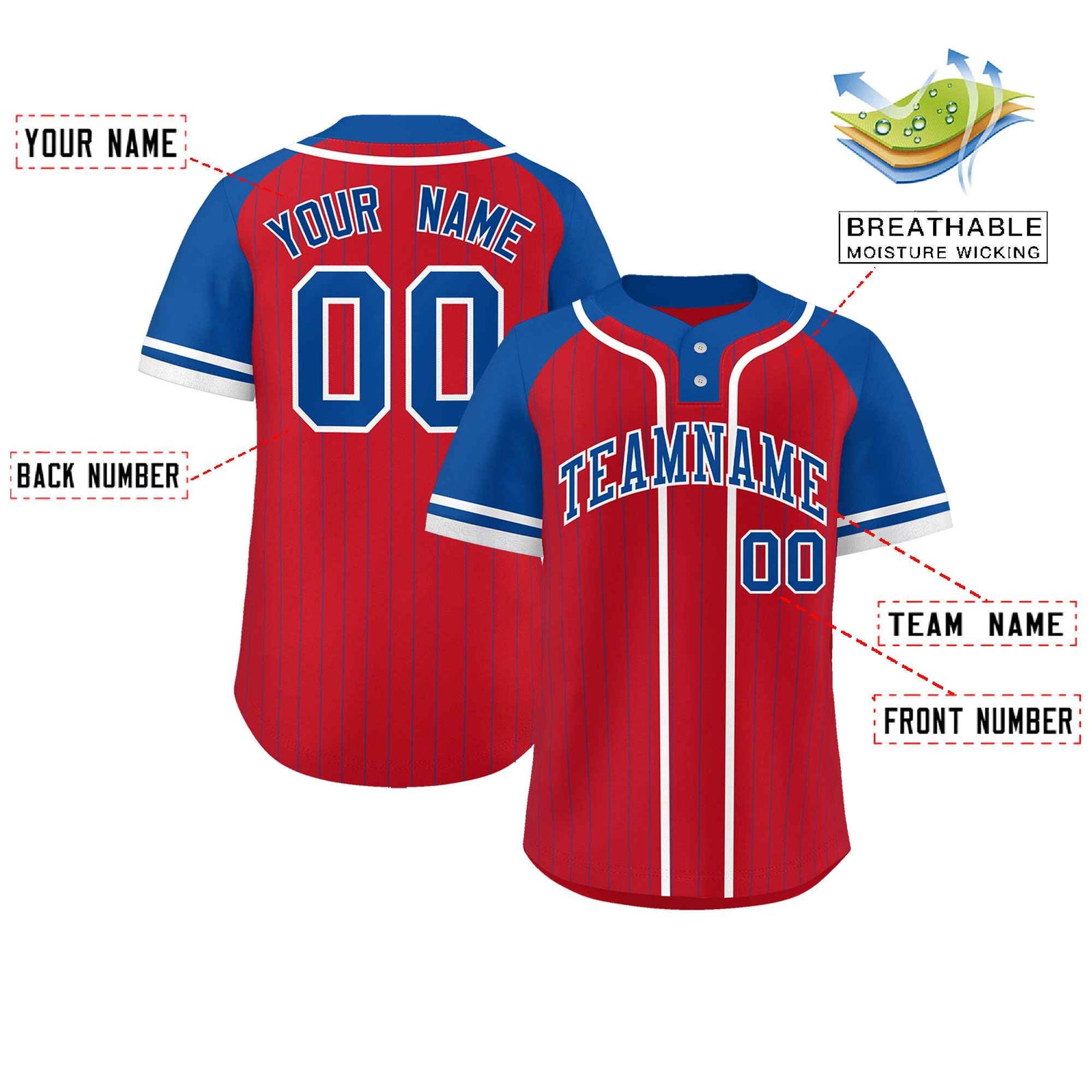 Custom Red Royal-White Stripe Fashion Raglan Sleeves Authentic Two-Button Softball Jersey