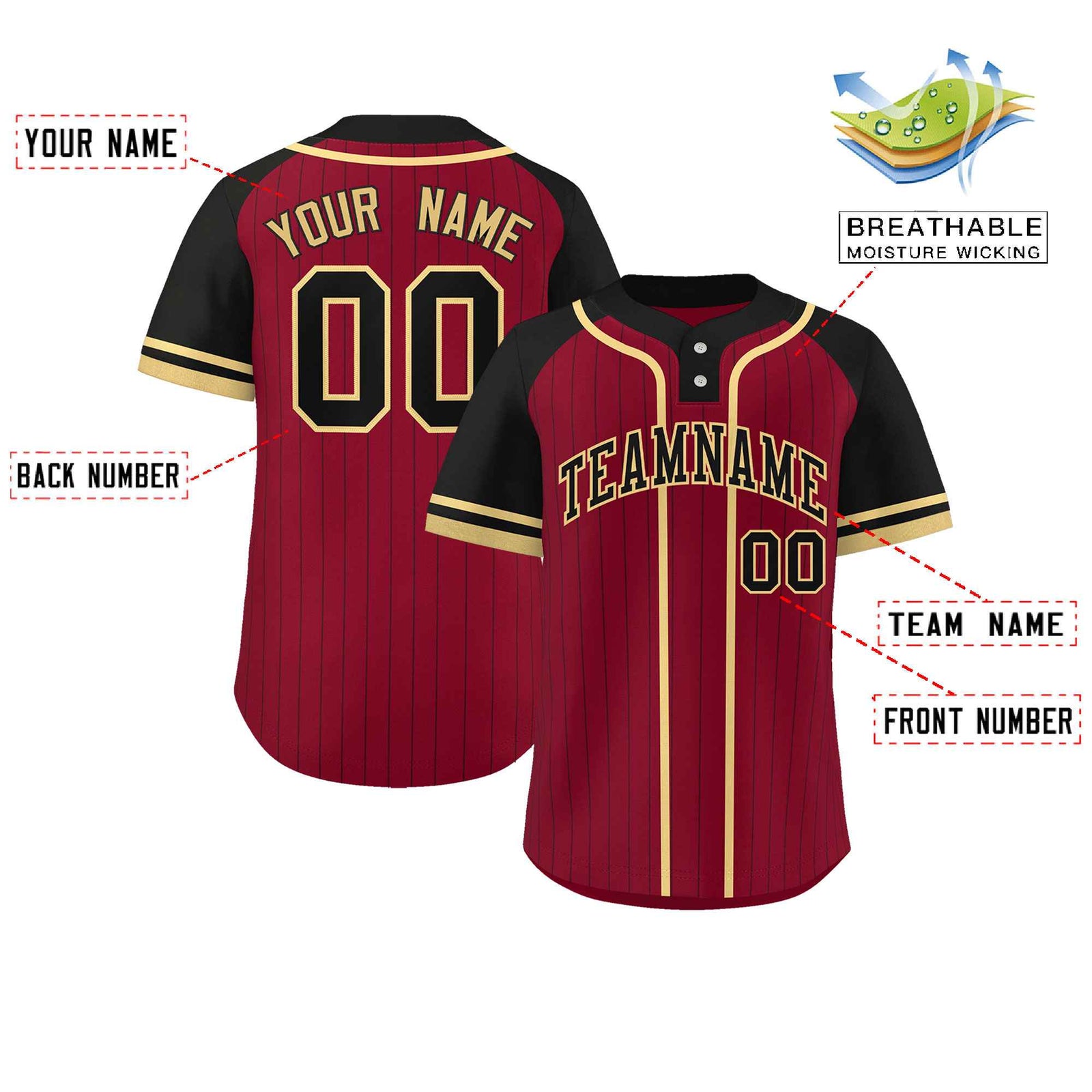 Custom Crimson Black-Khaki Stripe Fashion Raglan Sleeves Authentic Two-Button Softball Jersey