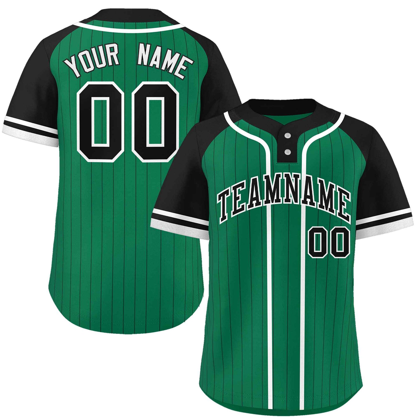 Custom Kelly Green Black-White Stripe Fashion Raglan Sleeves Authentic Two-Button Softball Jersey