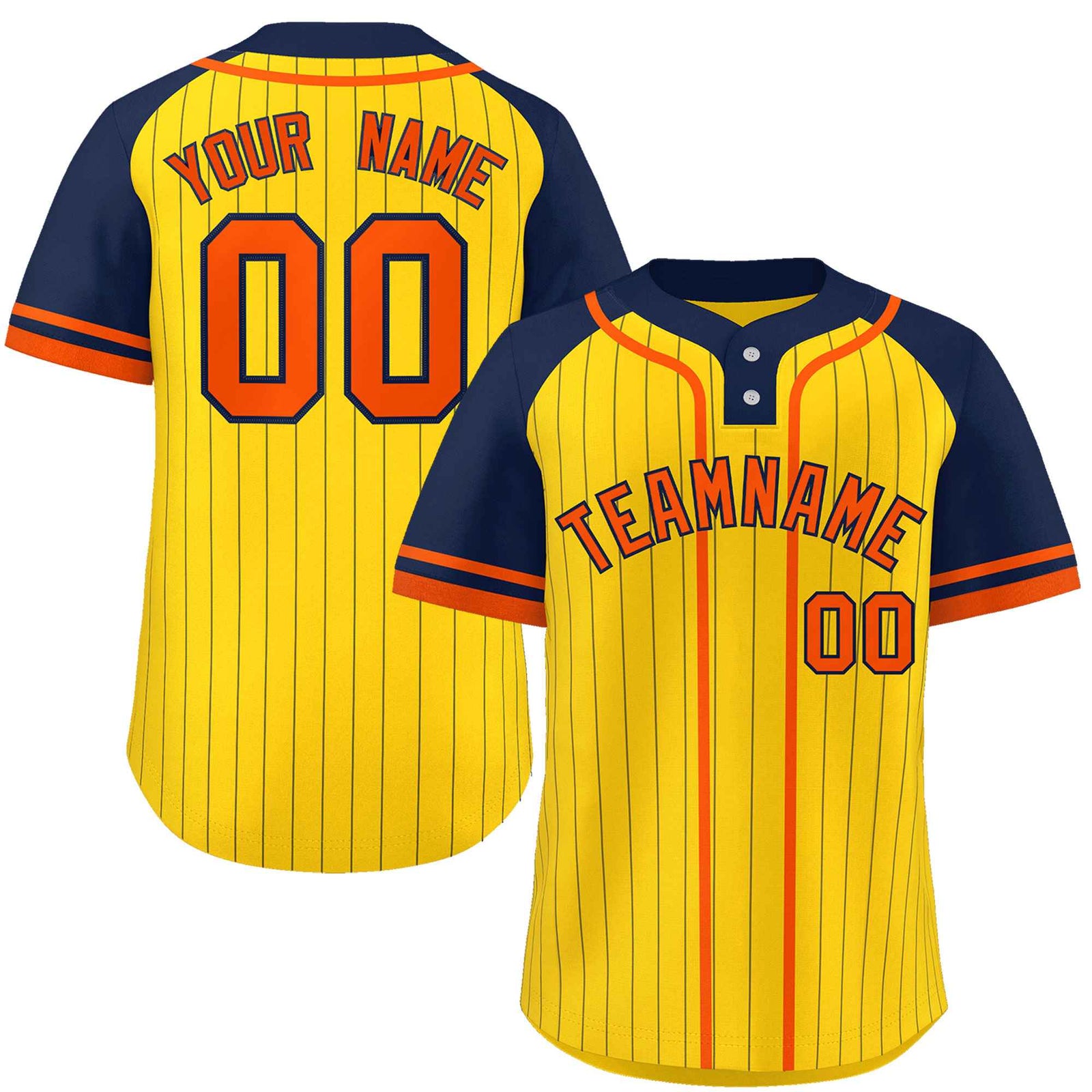 Custom Gold Navy-Orange Stripe Fashion Raglan Sleeves Authentic Two-Button Softball Jersey
