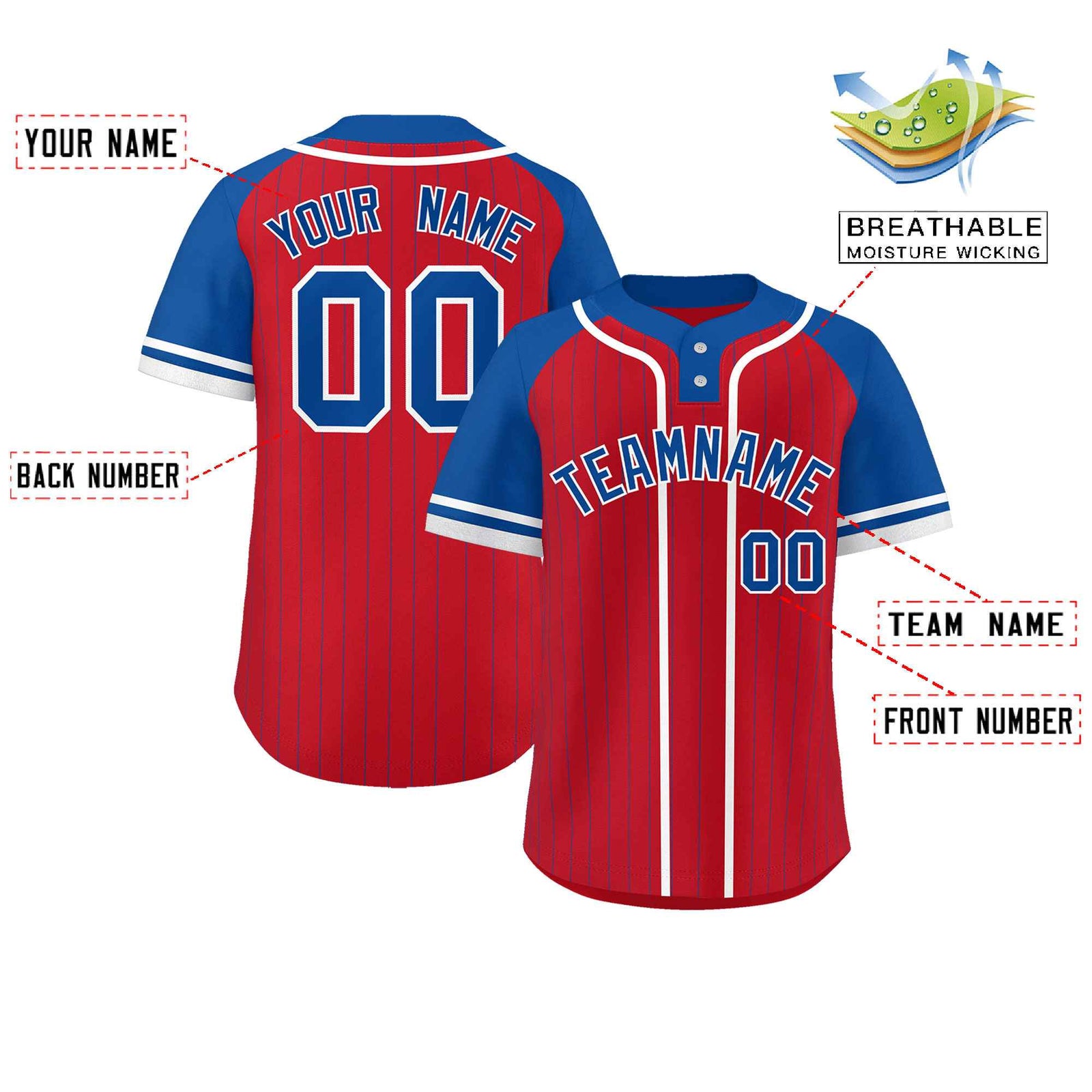 Custom Red Royal-White Stripe Fashion Raglan Sleeves Authentic Two-Button Softball Jersey
