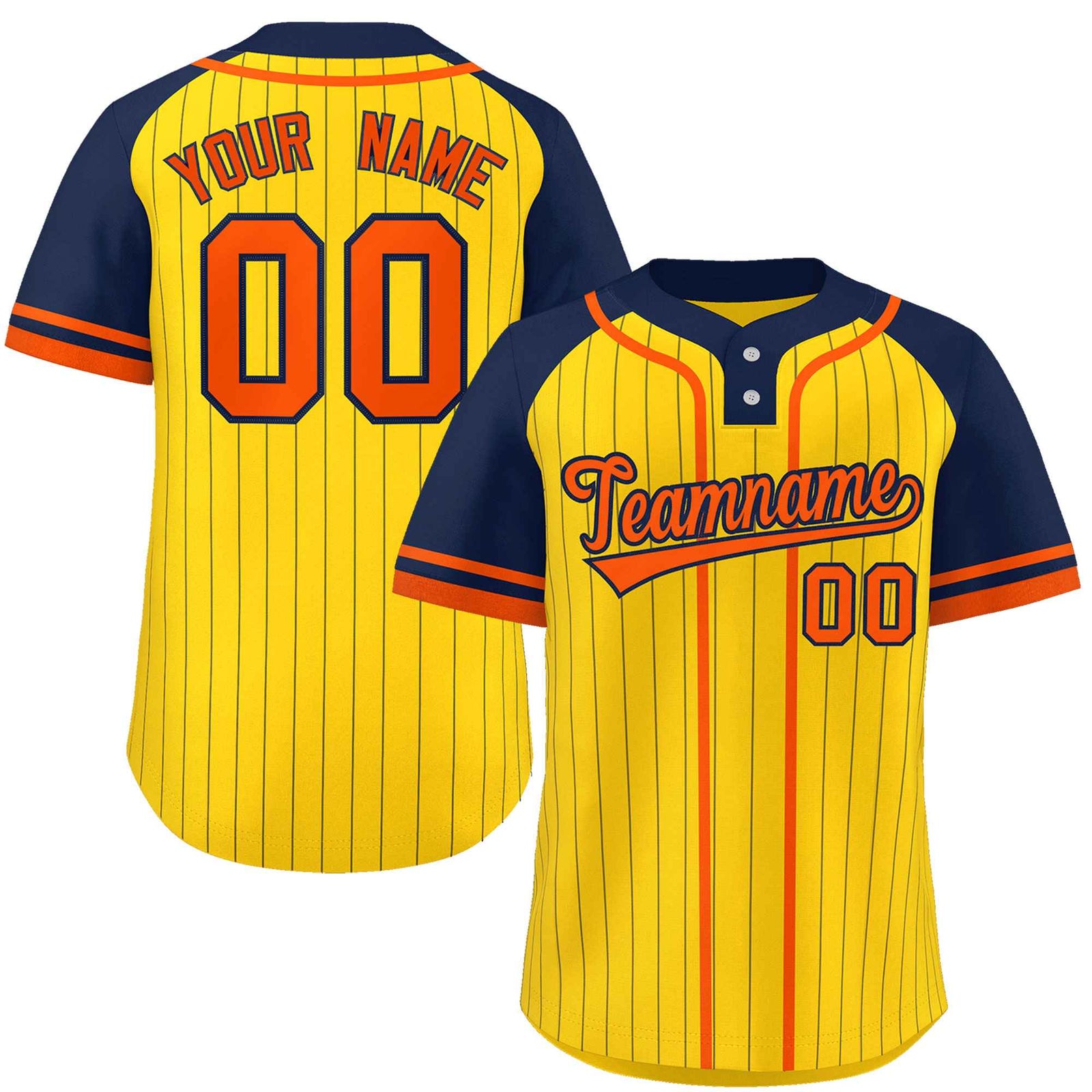 Custom Gold Navy-Orange Stripe Fashion Raglan Sleeves Authentic Two-Button Softball Jersey
