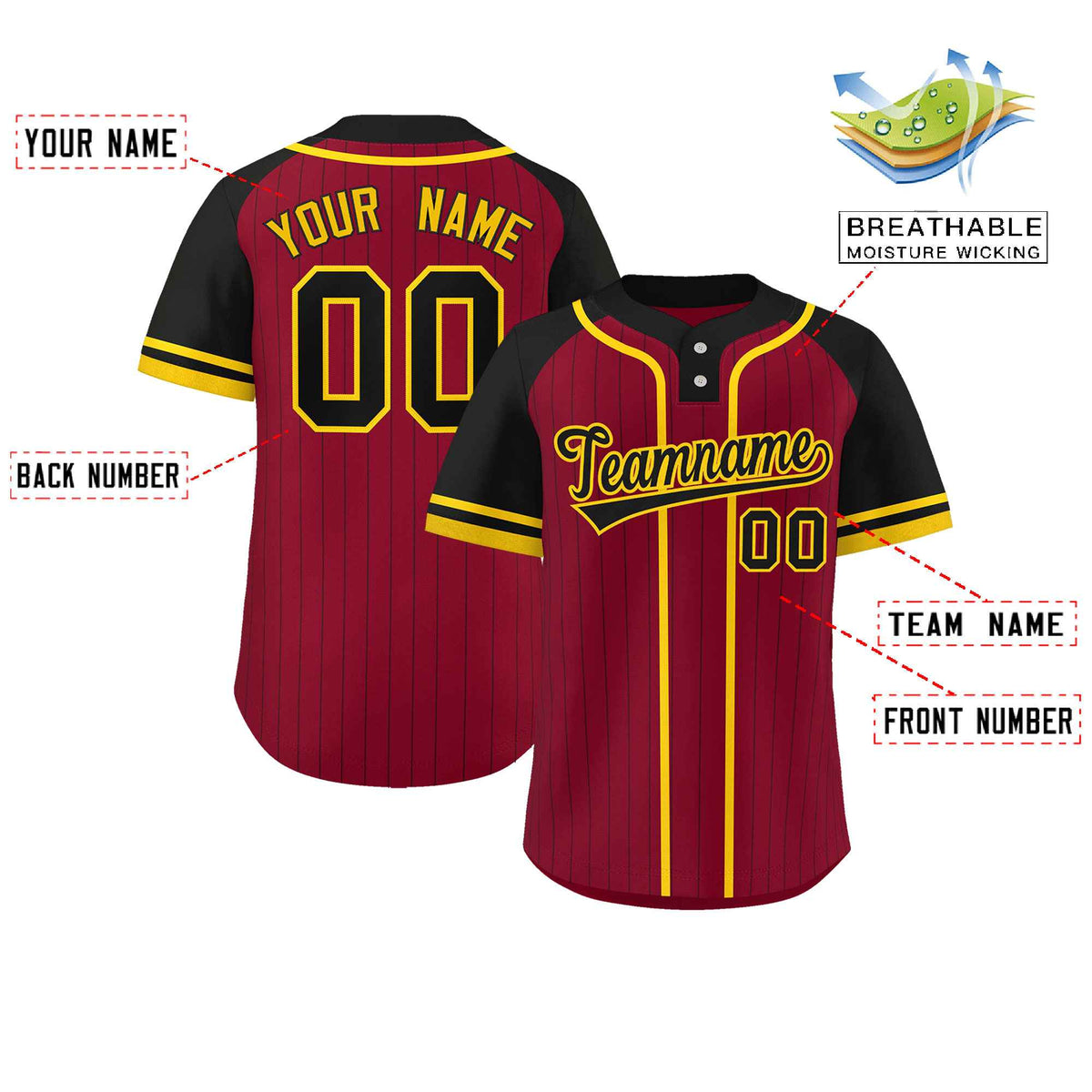 Custom Crimson Black-Gold Stripe Fashion Raglan Sleeves Authentic Two-Button Softball Jersey