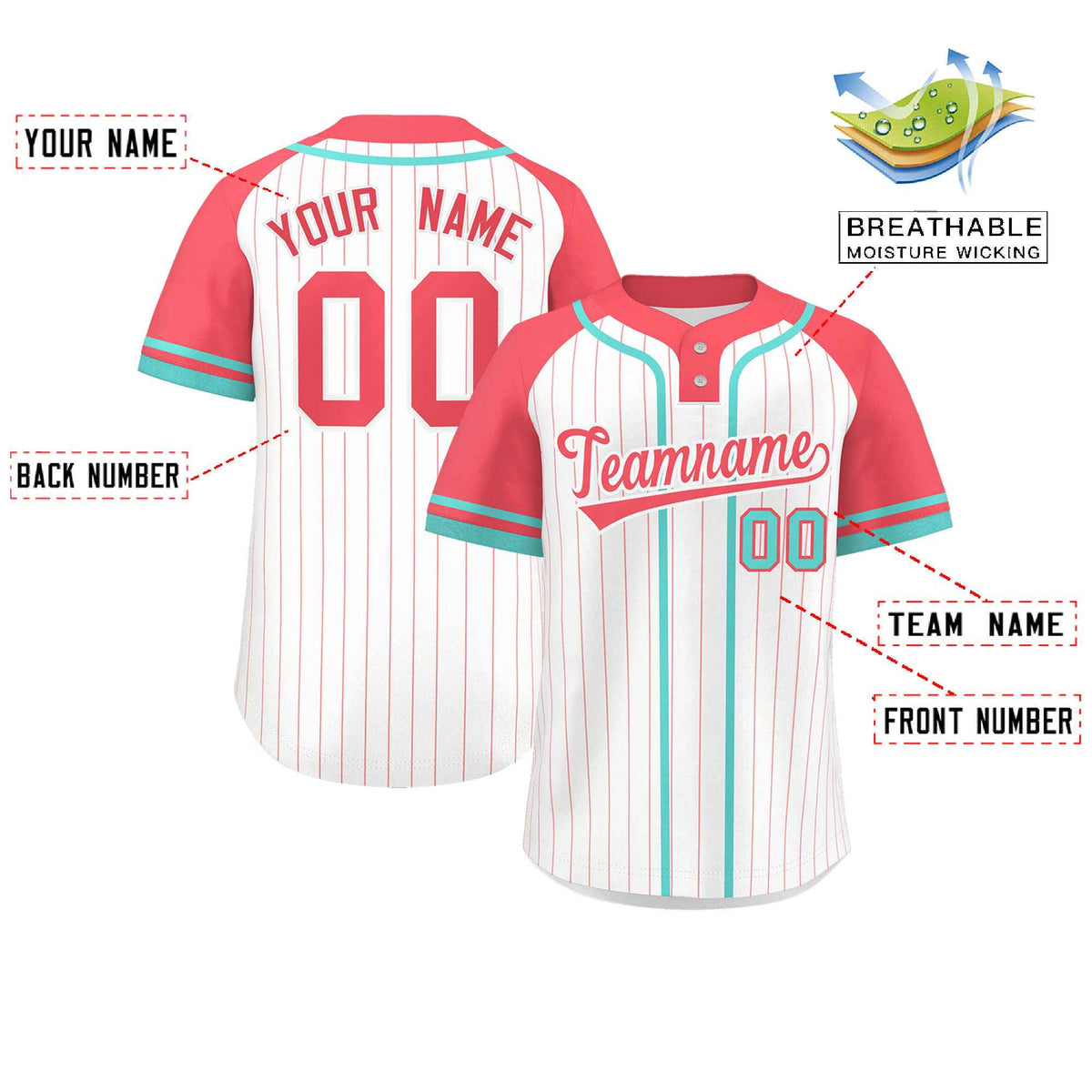 Custom White Light Red-Aqua Stripe Fashion Raglan Sleeves Authentic Two-Button Softball Jersey