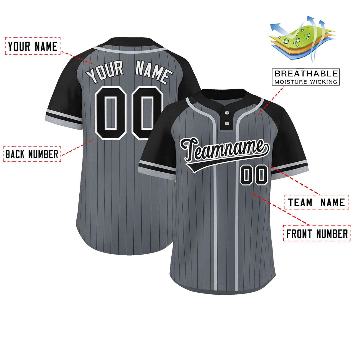 Custom Dark Gray Black-Gray Stripe Fashion Raglan Sleeves Authentic Two-Button Softball Jersey
