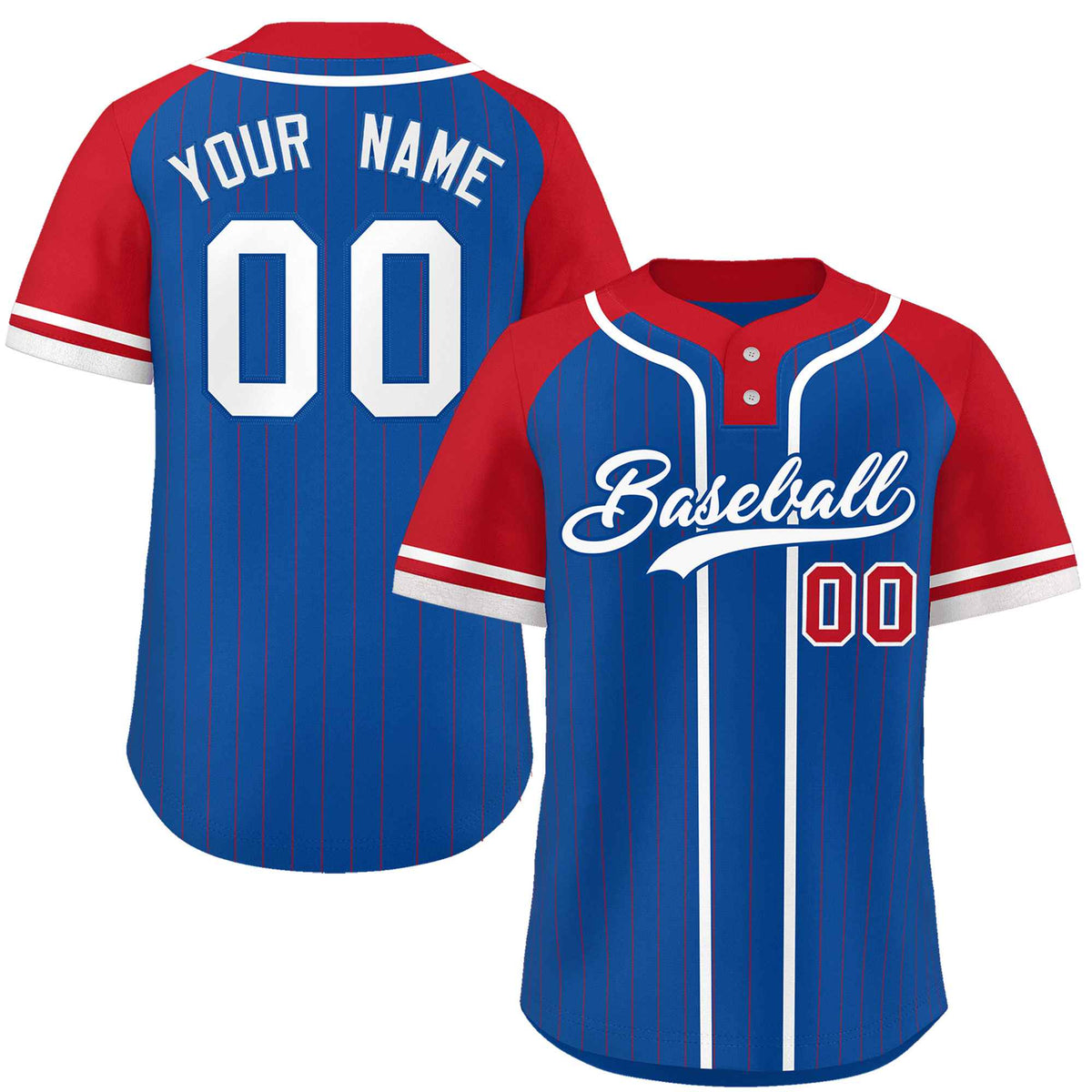 Custom Royal Red-White Stripe Fashion Raglan Sleeves Authentic Two-Button Softball Jersey