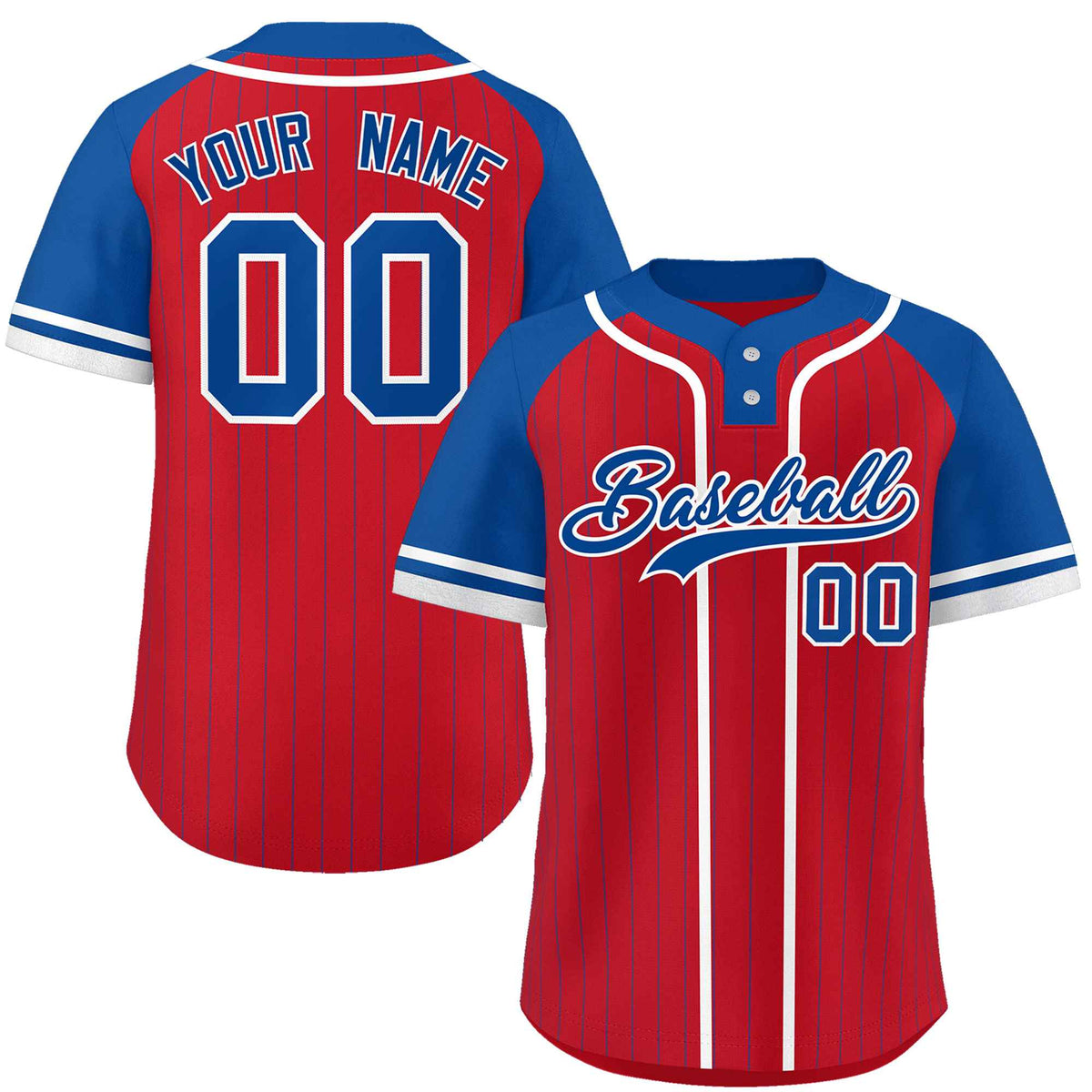 Custom Red Royal-White Stripe Fashion Raglan Sleeves Authentic Two-Button Softball Jersey