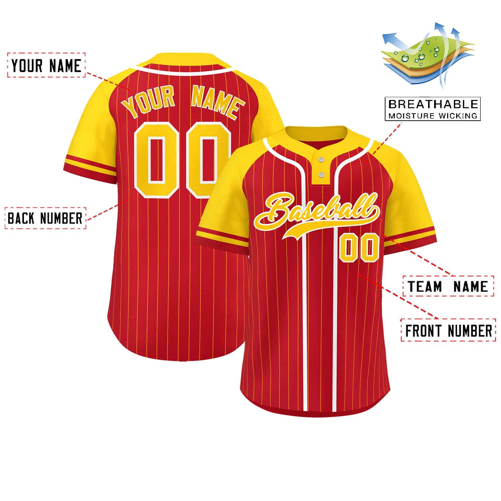 Custom Red Gold-White Stripe Fashion Raglan Sleeves Authentic Two-Button Softball Jersey