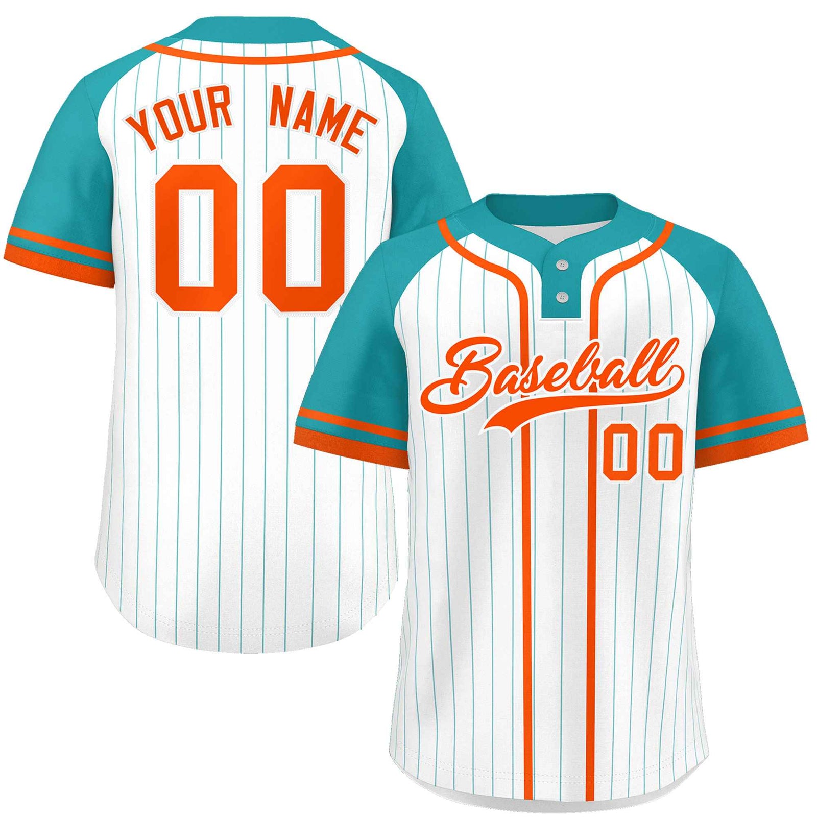 Custom White Aqua-Orange Stripe Fashion Raglan Sleeves Authentic Two-Button Softball Jersey