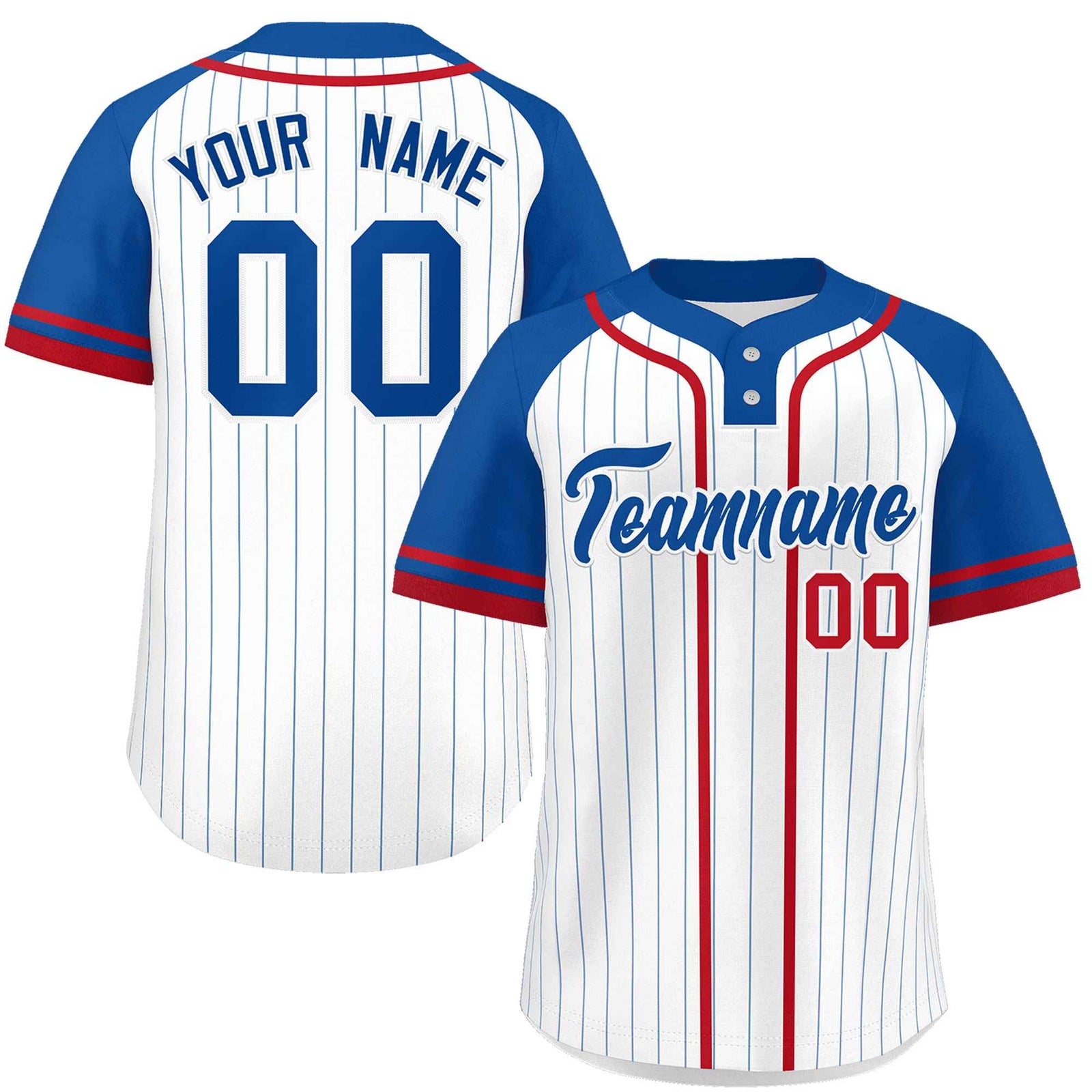 Custom White Royal-Red Stripe Fashion Raglan Sleeves Authentic Two-Button Softball Jersey