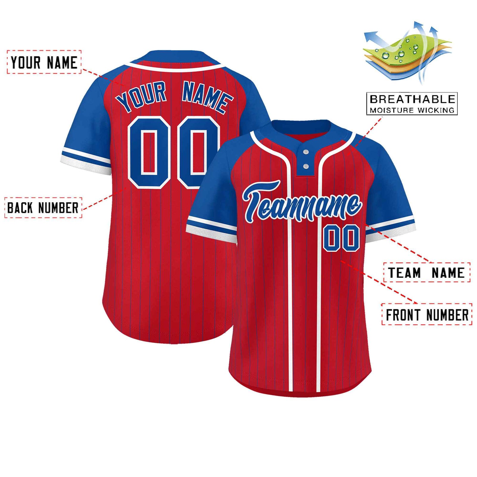 Custom Red Royal-White Stripe Fashion Raglan Sleeves Authentic Two-Button Softball Jersey