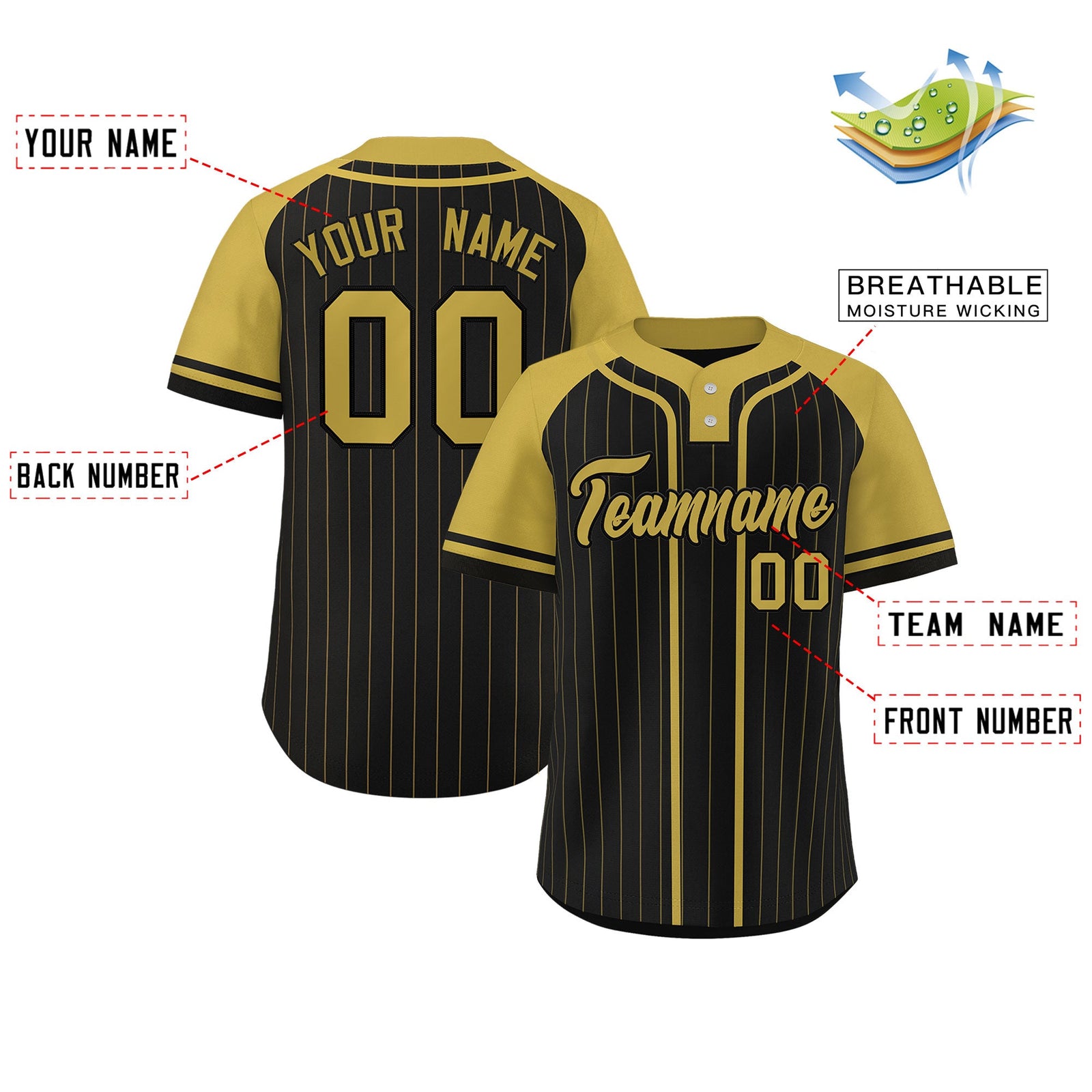 Custom Black Old Gold Stripe Fashion Raglan Sleeves Authentic Two-Button Softball Jersey