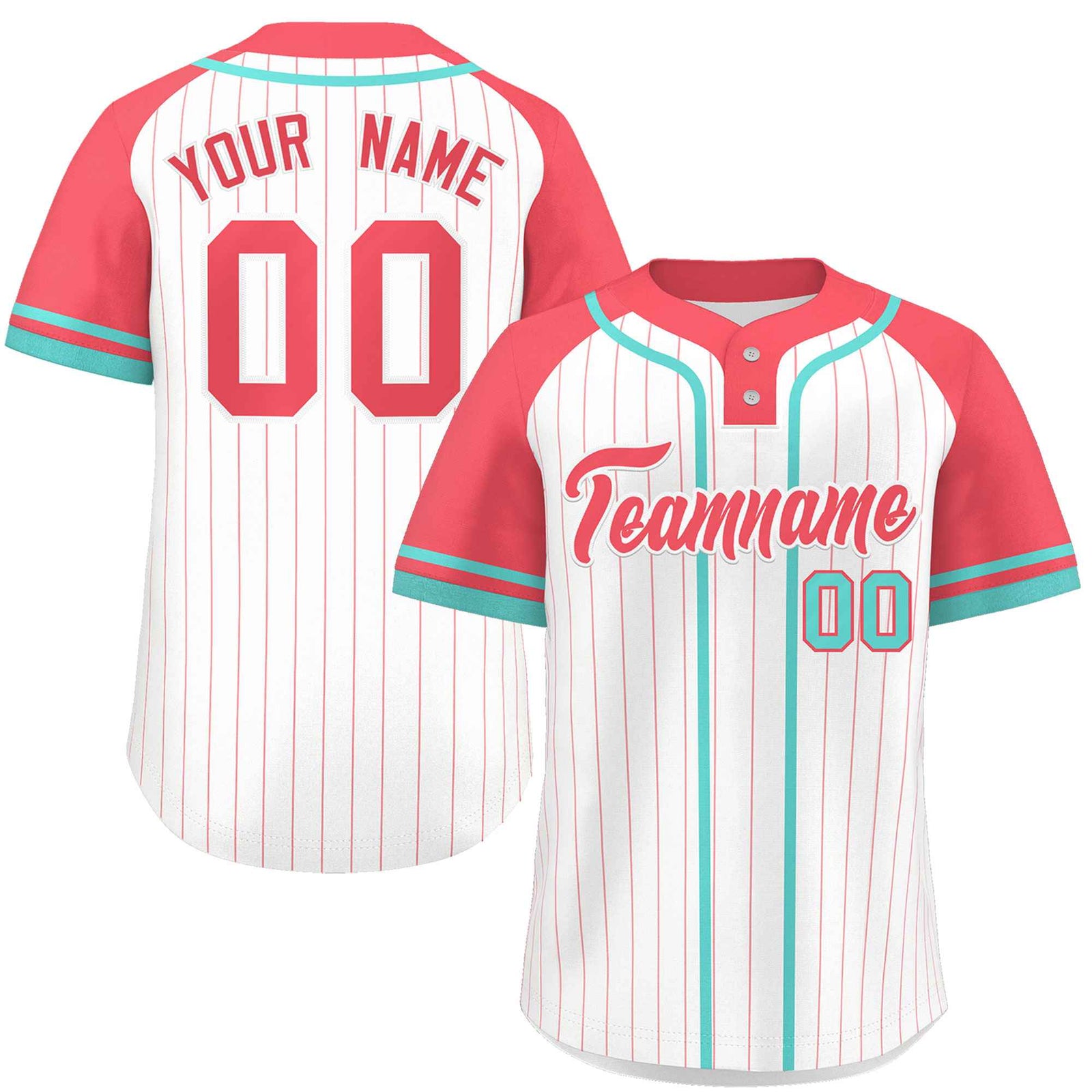 Custom White Light Red-Aqua Stripe Fashion Raglan Sleeves Authentic Two-Button Softball Jersey
