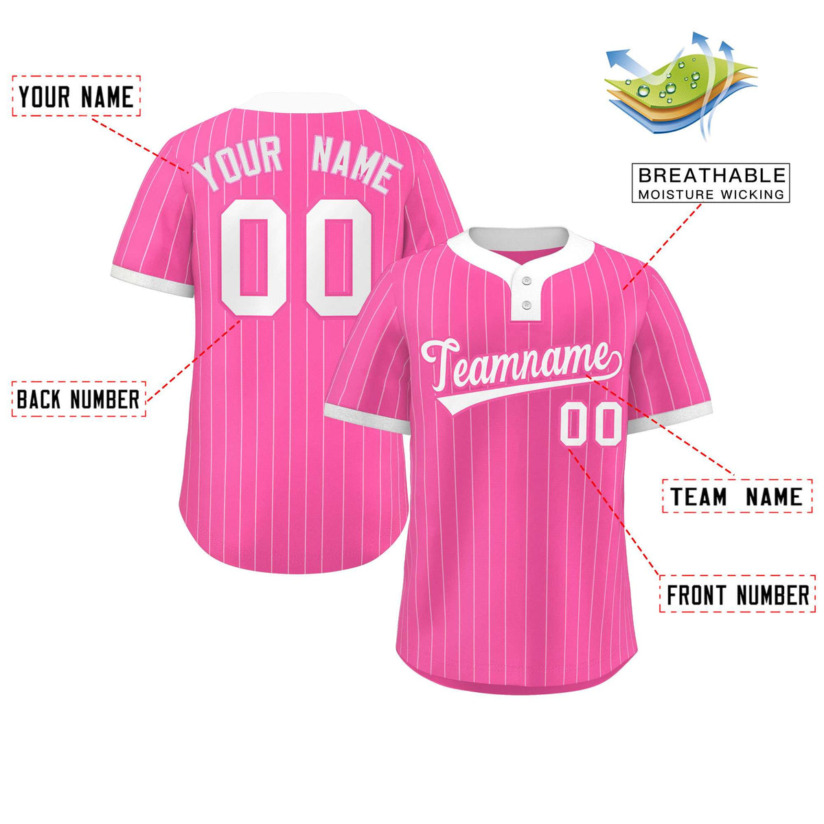 Custom Pink White Stripe Fashion Authentic Two-Button Baseball Jersey