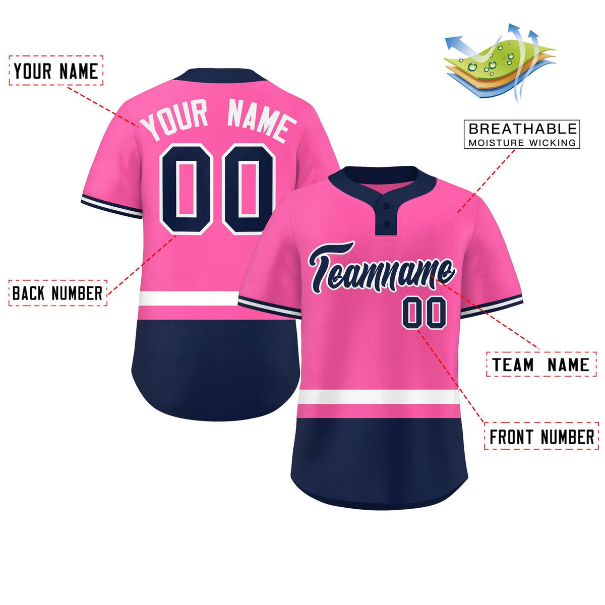 Custom Pink White-Navy Color Block Personalized Authentic Two-Button Baseball Jersey