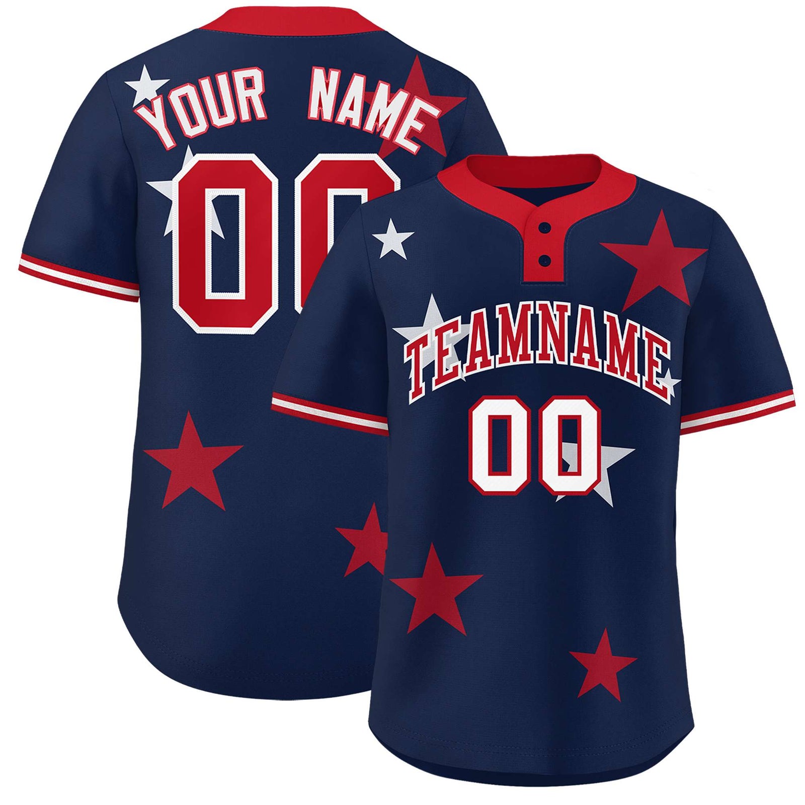 Custom Navy Red Personalized Star Graffiti Pattern Authentic Two-Button Baseball Jersey