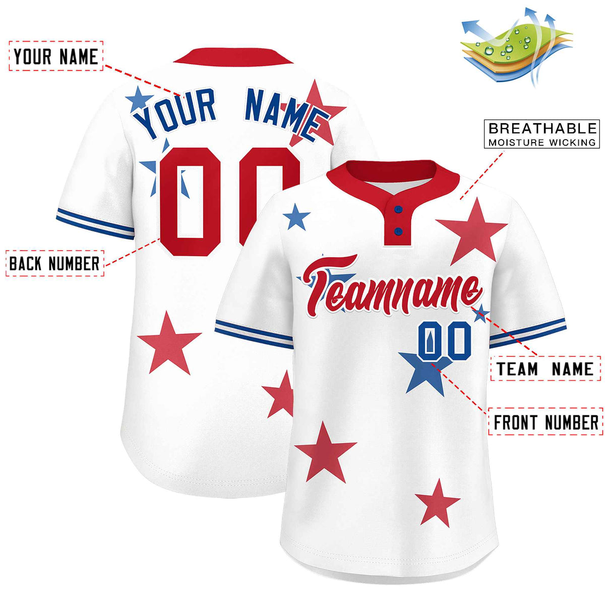 Custom White Red Personalized Star Graffiti Pattern Authentic Two-Button Baseball Jersey