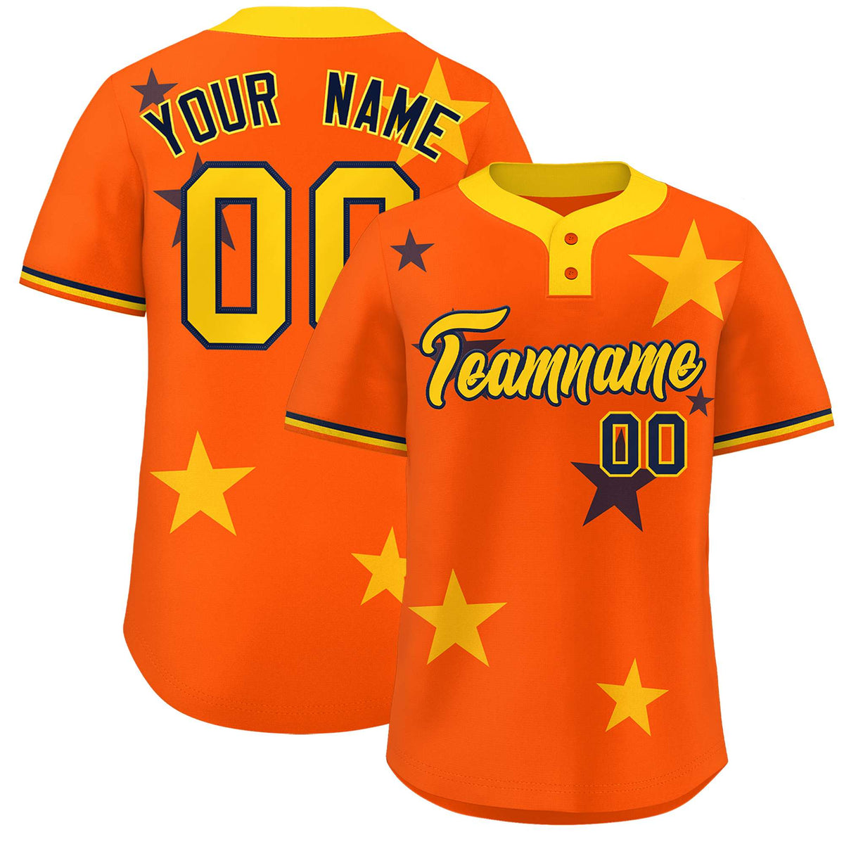 Custom Orange Gold Personalized Star Graffiti Pattern Authentic Two-Button Baseball Jersey