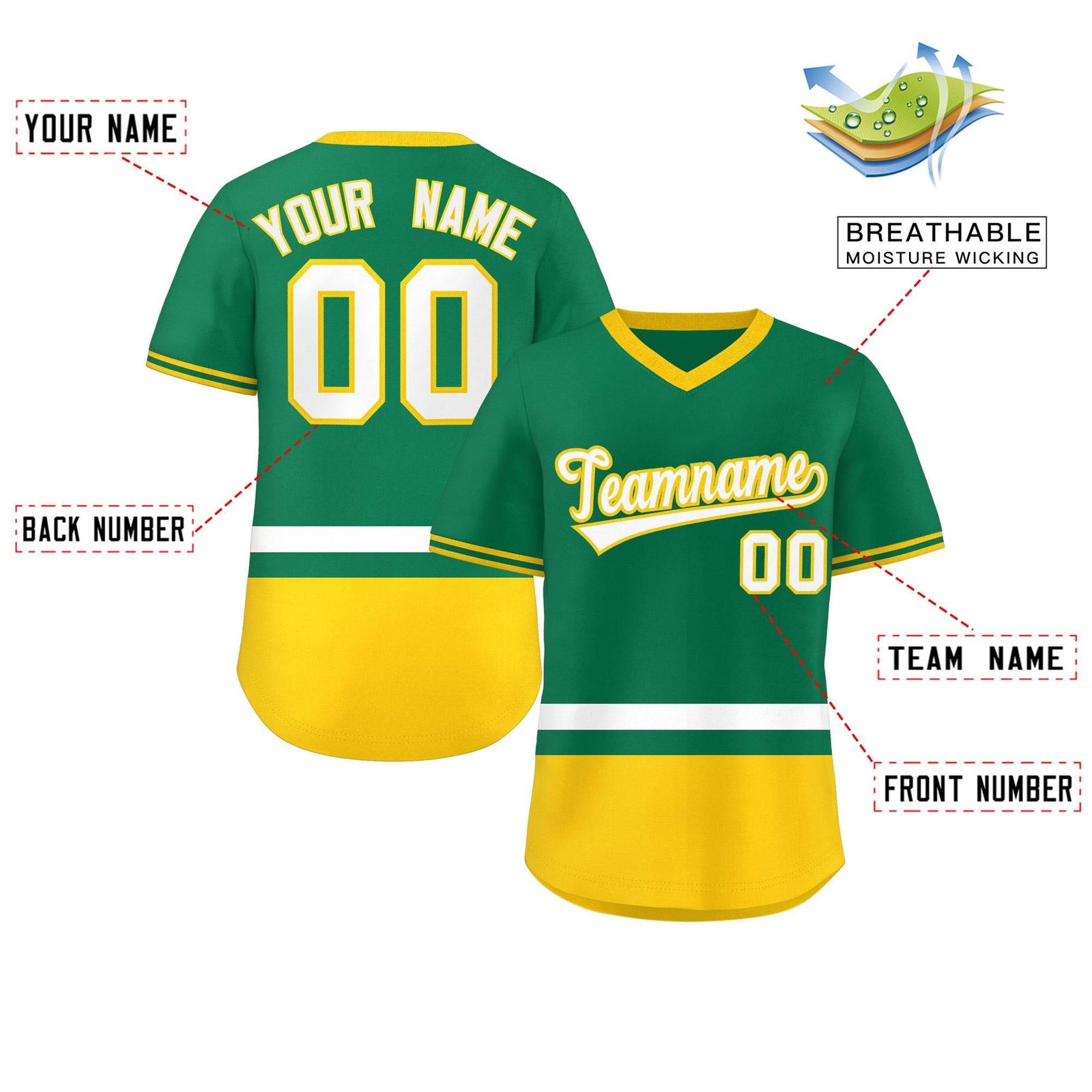Custom Kelly Green White-Gold Color Block Personalized V-Neck Authentic Pullover Baseball Jersey