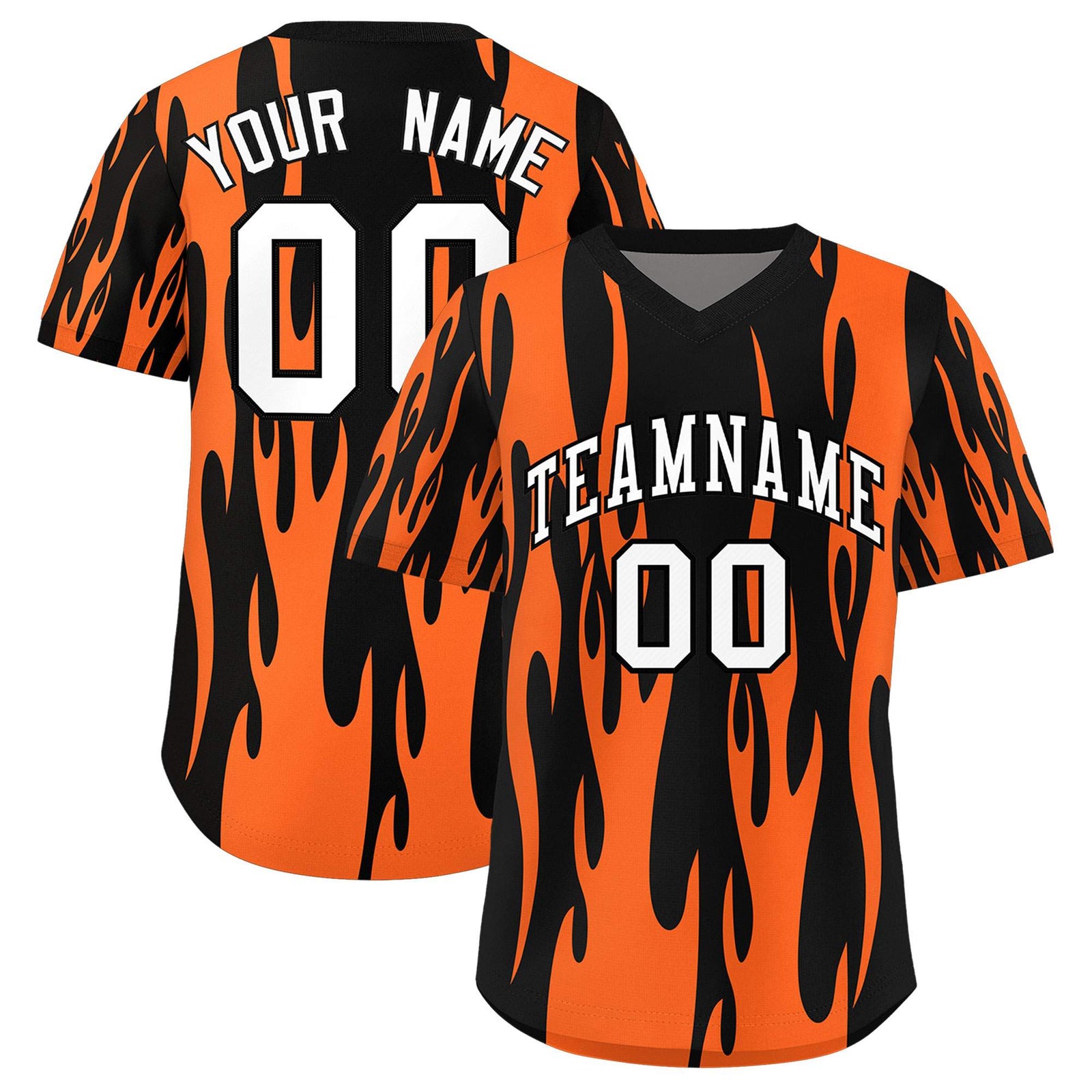 Custom Black Orange Flame Pattern Authentic Pullover Baseball Jersey