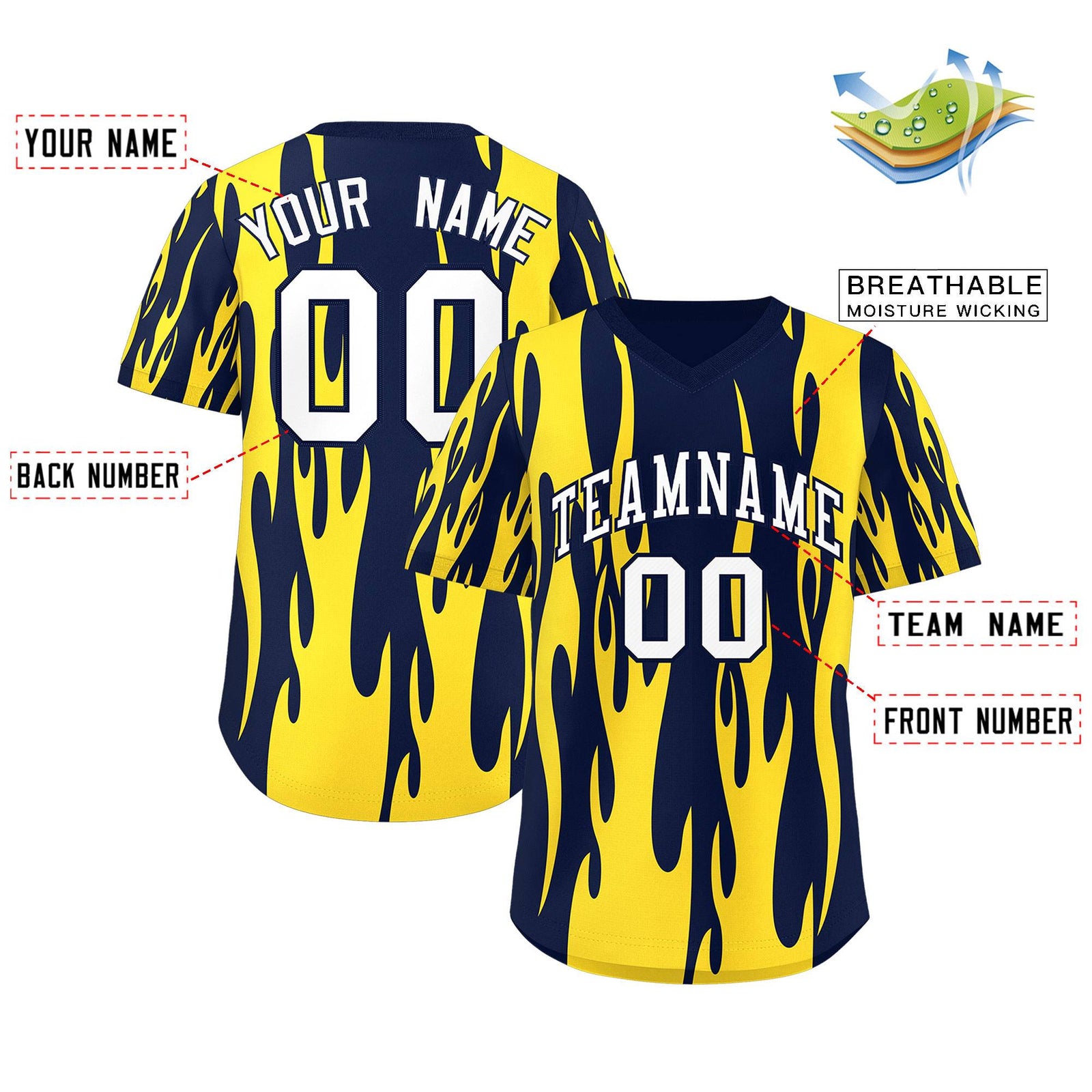 Custom Navy Gold Flame Pattern Authentic Pullover Baseball Jersey