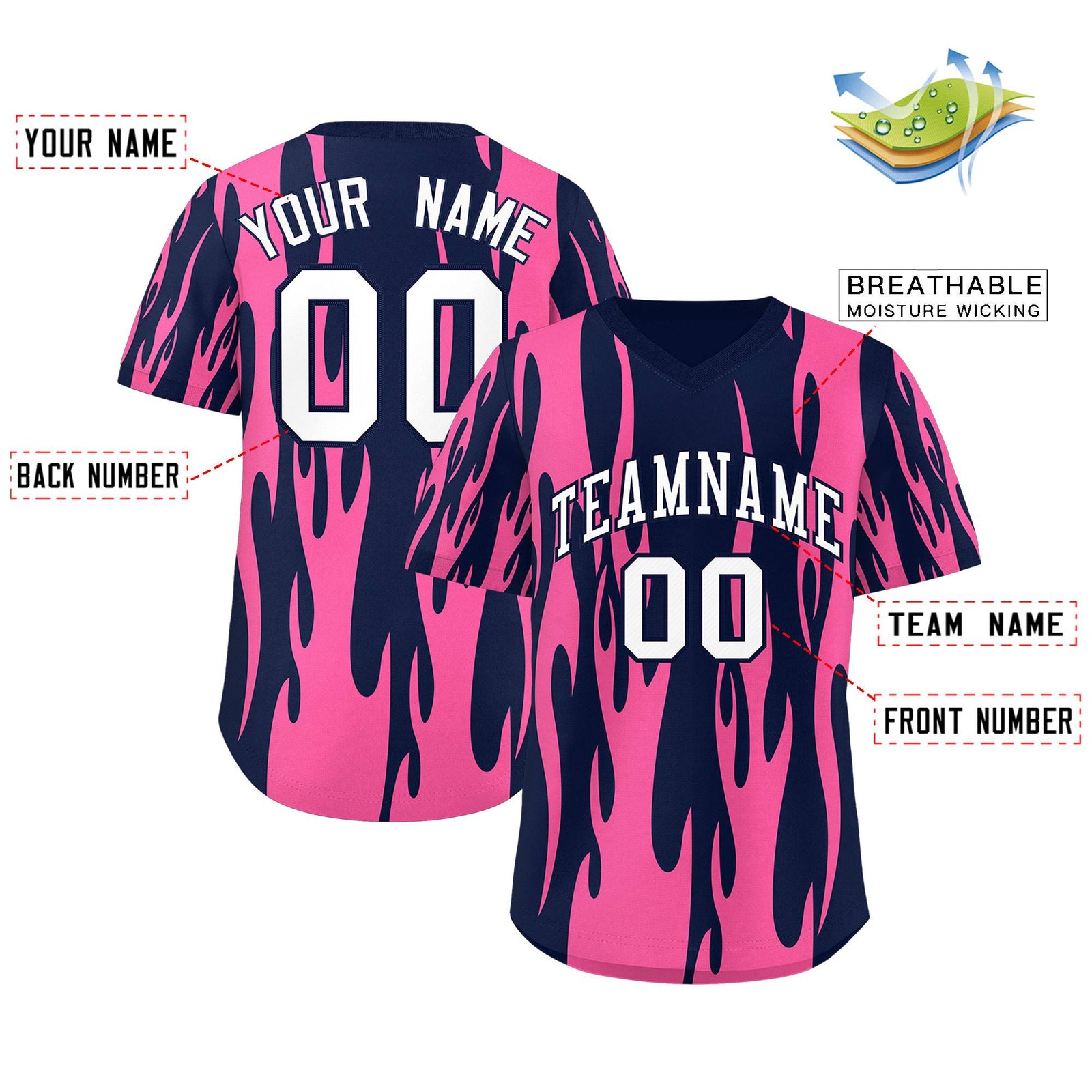 Custom Navy Pink Flame Pattern Authentic Pullover Baseball Jersey