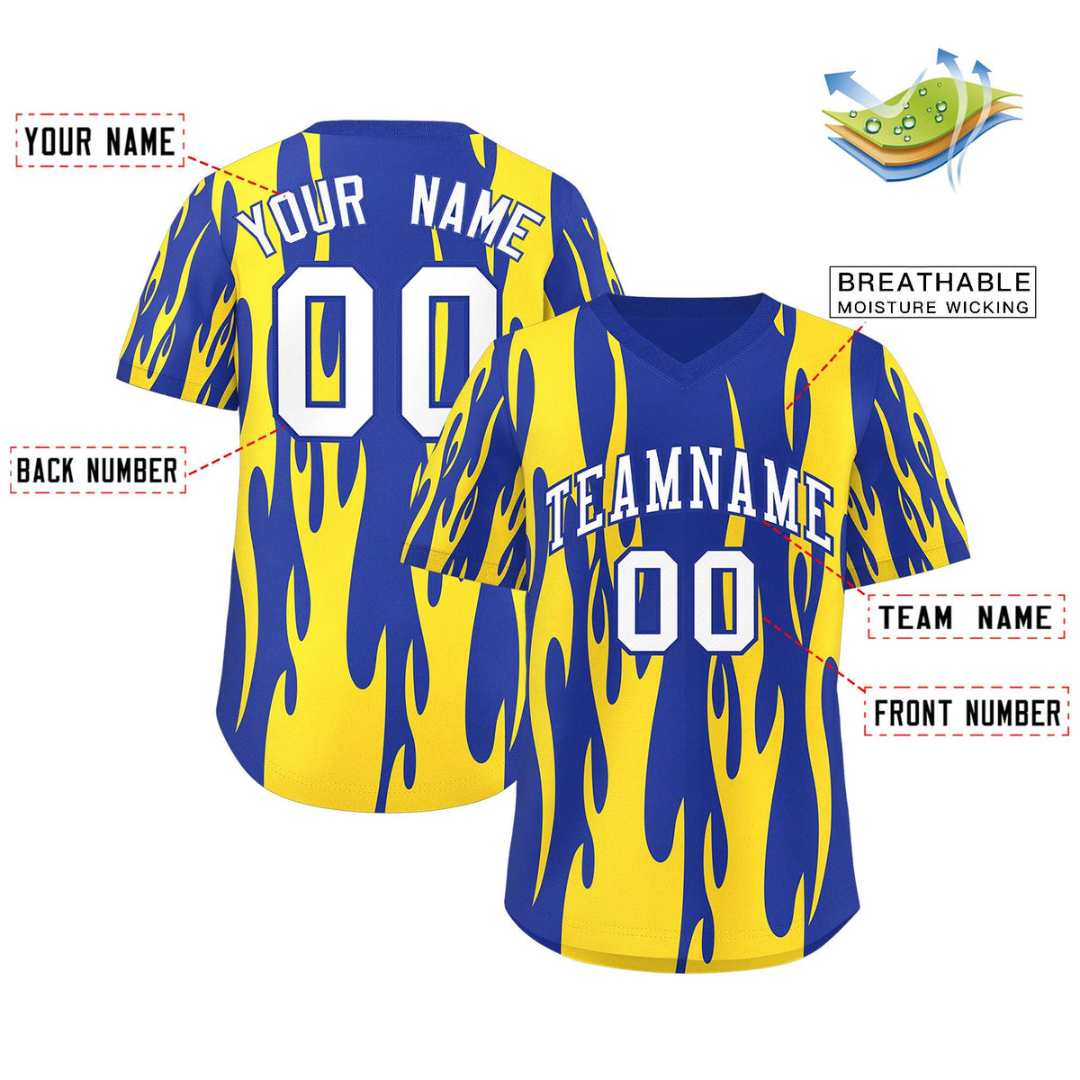 Custom Royal Gold Flame Pattern Authentic Pullover Baseball Jersey