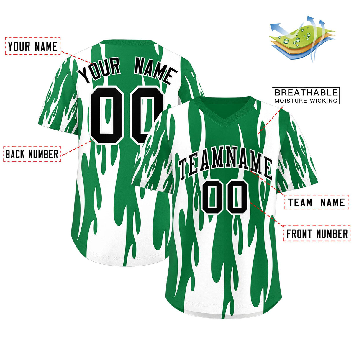 Custom Kelly Green White Flame Pattern Authentic Pullover Baseball Jersey