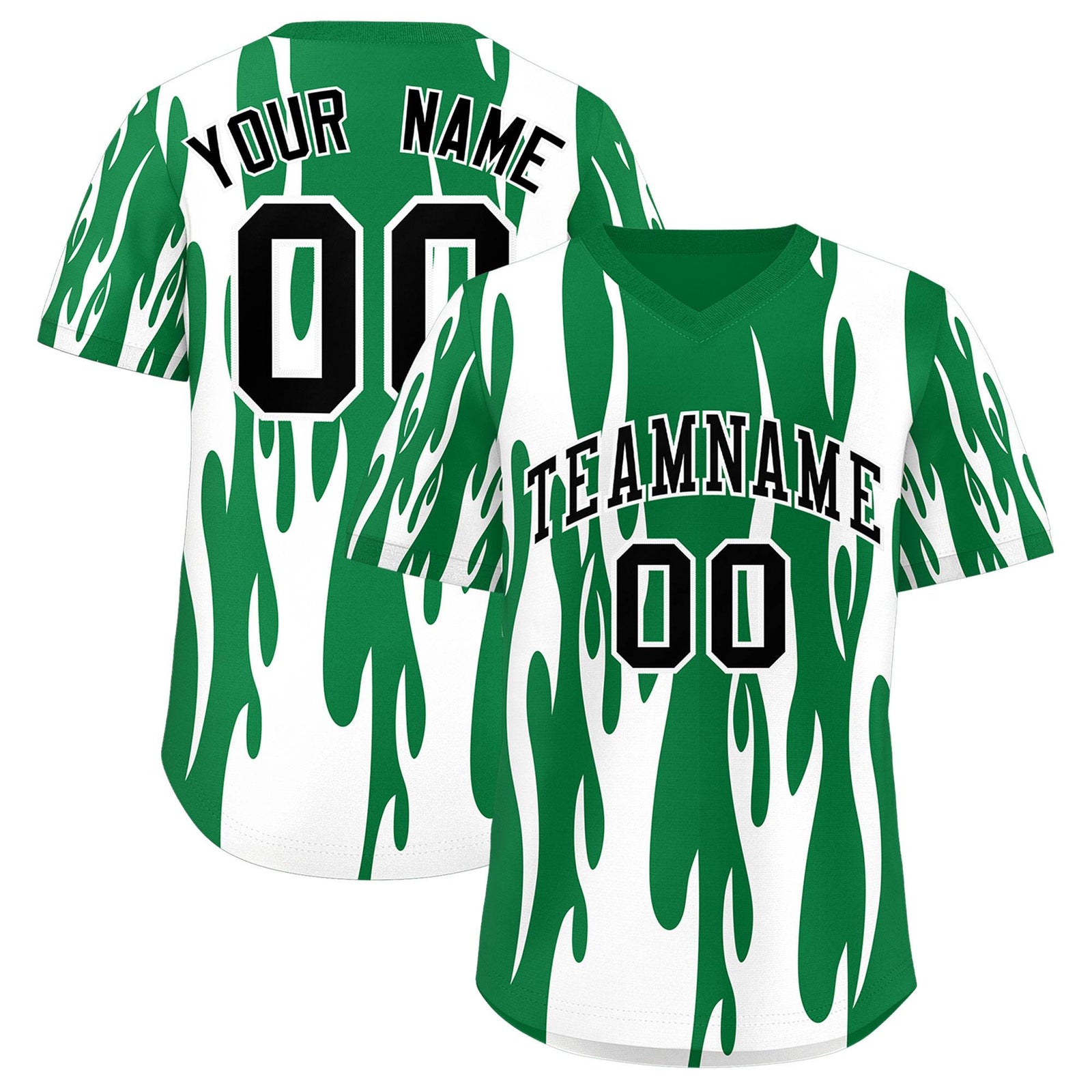 Custom Kelly Green White Flame Pattern Authentic Pullover Baseball Jersey