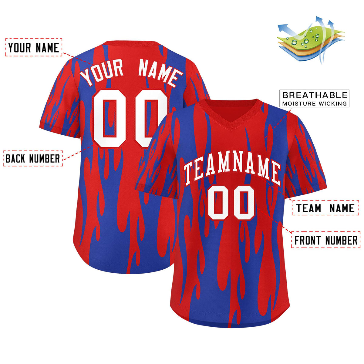Custom Red Royal Flame Pattern Authentic Pullover Baseball Jersey