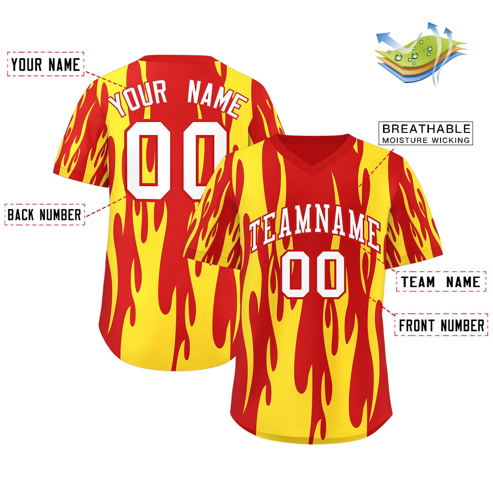 Custom Red Gold Flame Pattern Authentic Pullover Baseball Jersey