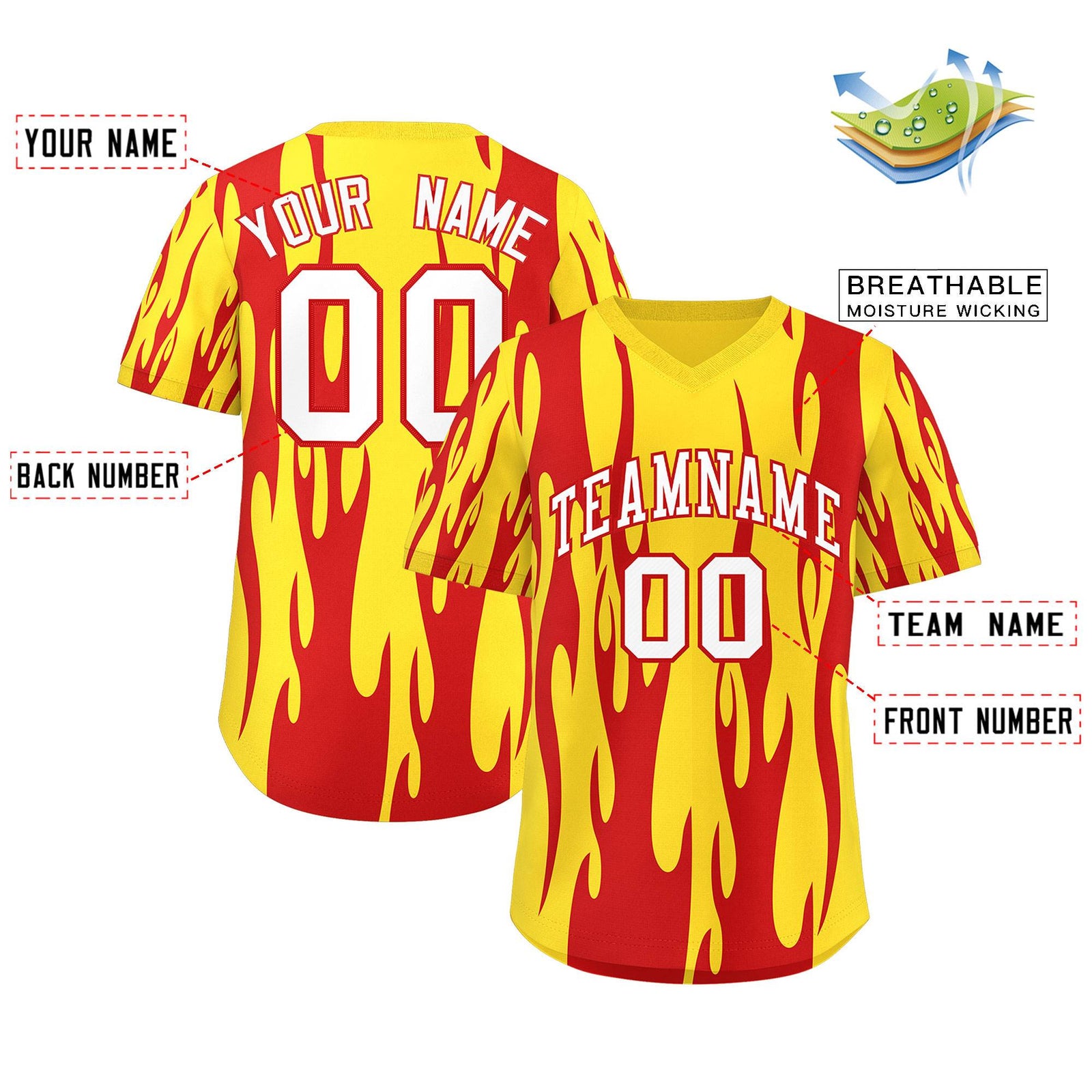 Custom Gold Red Flame Pattern Authentic Pullover Baseball Jersey