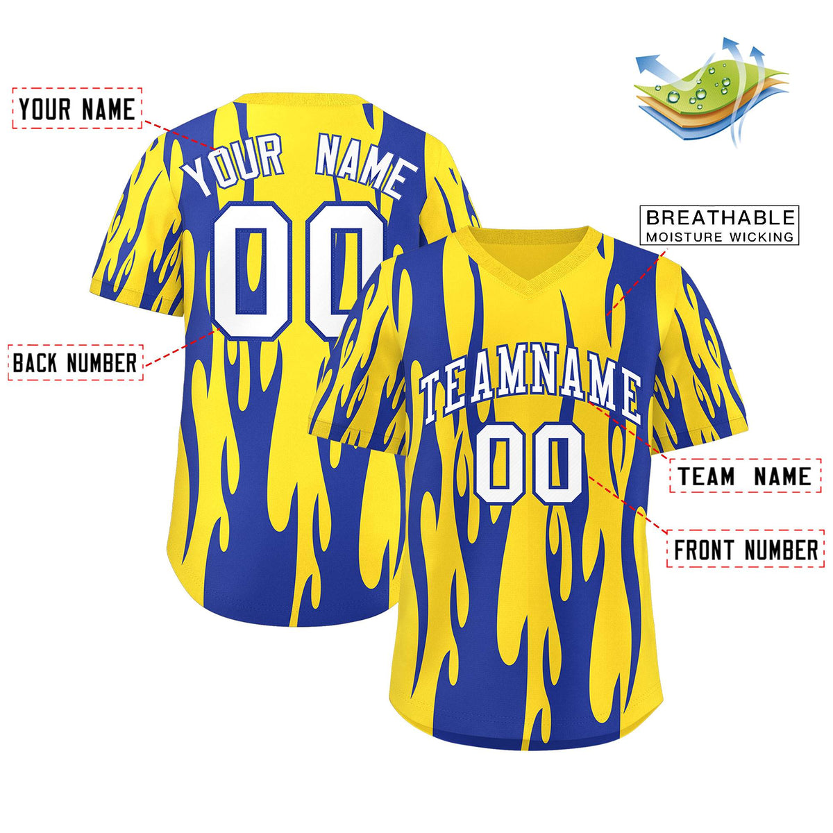 Custom Gold Royal Flame Pattern Authentic Pullover Baseball Jersey