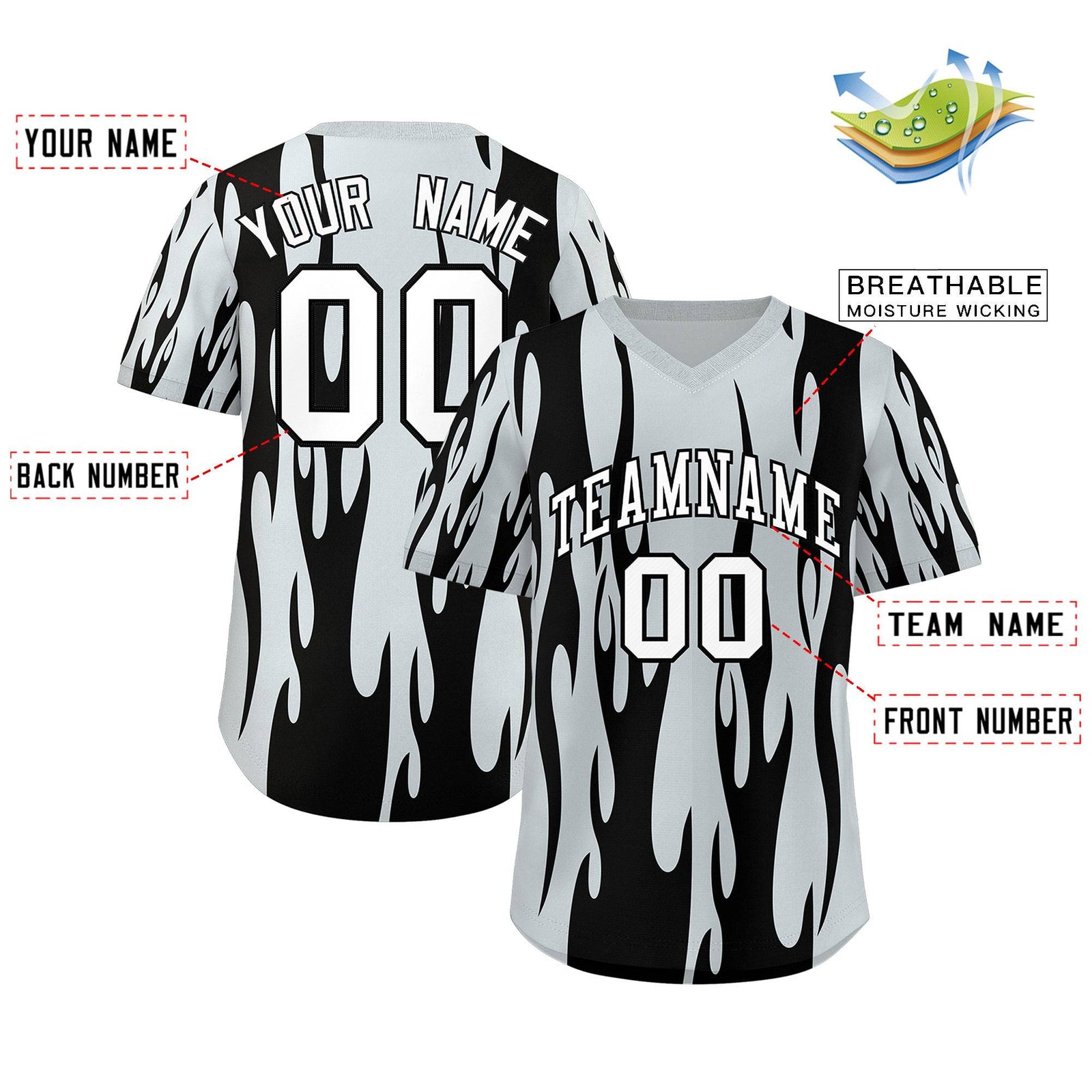 Custom Silver Black Flame Pattern Authentic Pullover Baseball Jersey