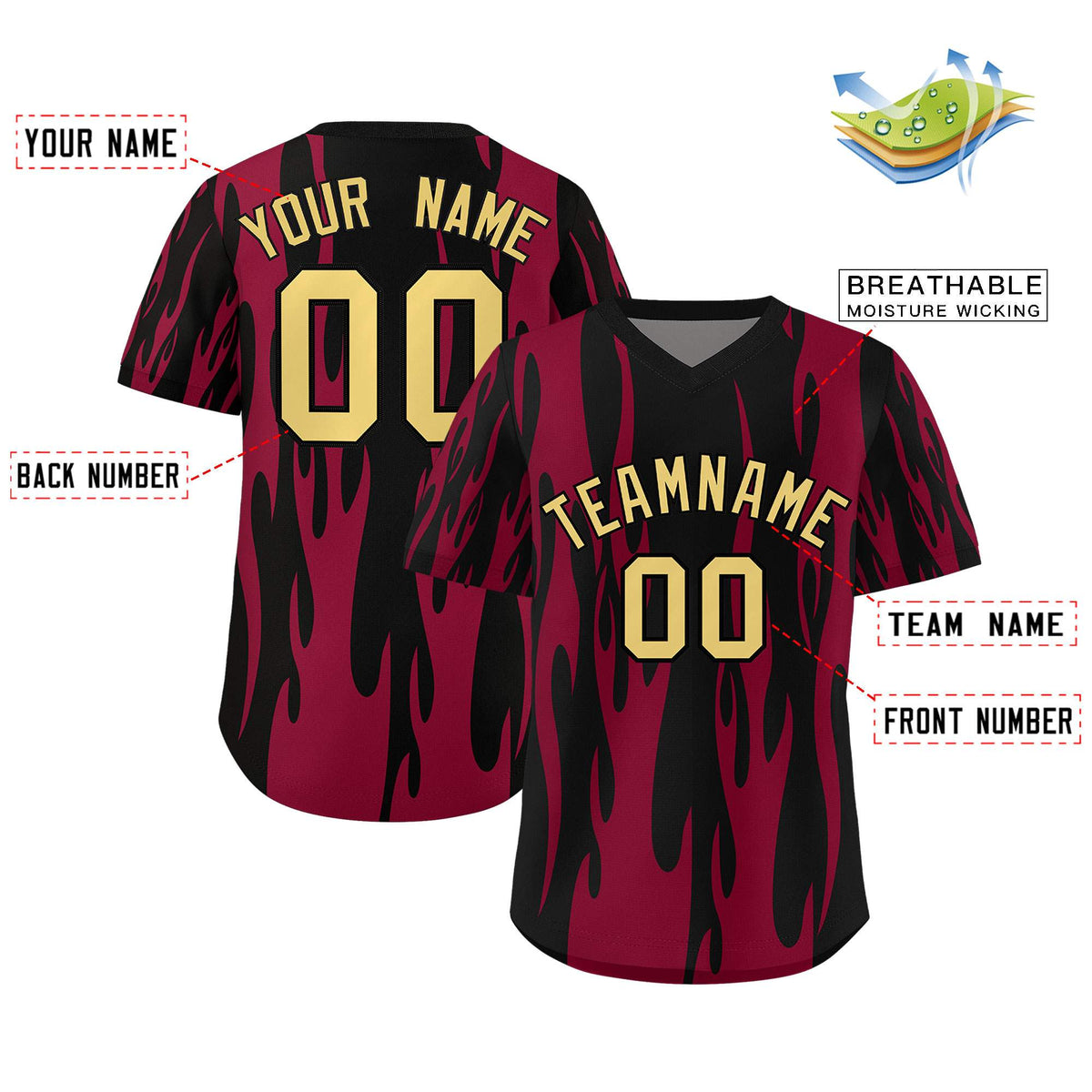 Custom Black Crimson Flame Pattern Authentic Pullover Baseball Jersey